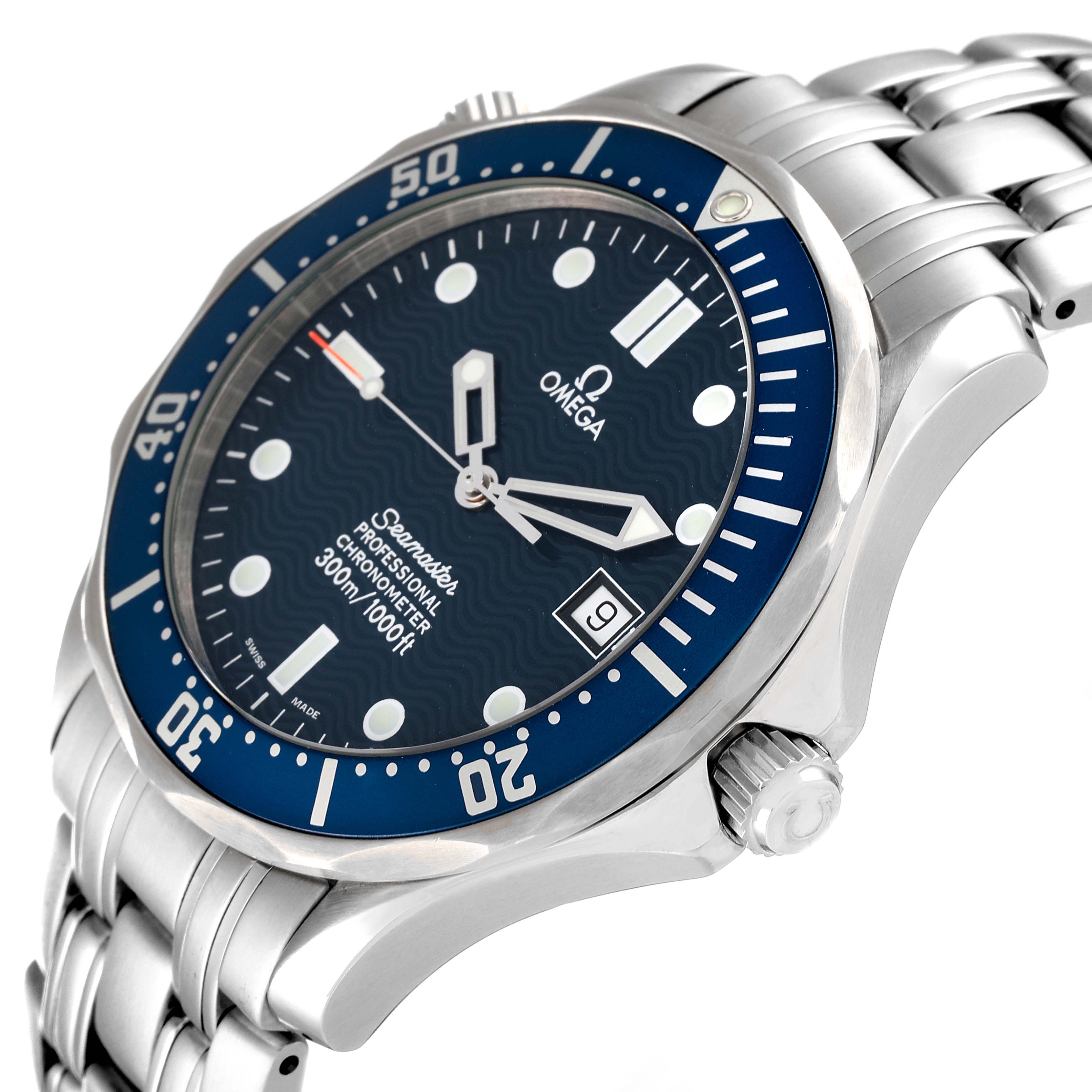 This image shows a side angle of the Omega Seamaster 2531.80.00 Men's Stainless Steel Blue Dial 2531.80.00 Men's Stainless Steel Blue Dial watch, highlighting the dial, bezel, crown, and bracelet.