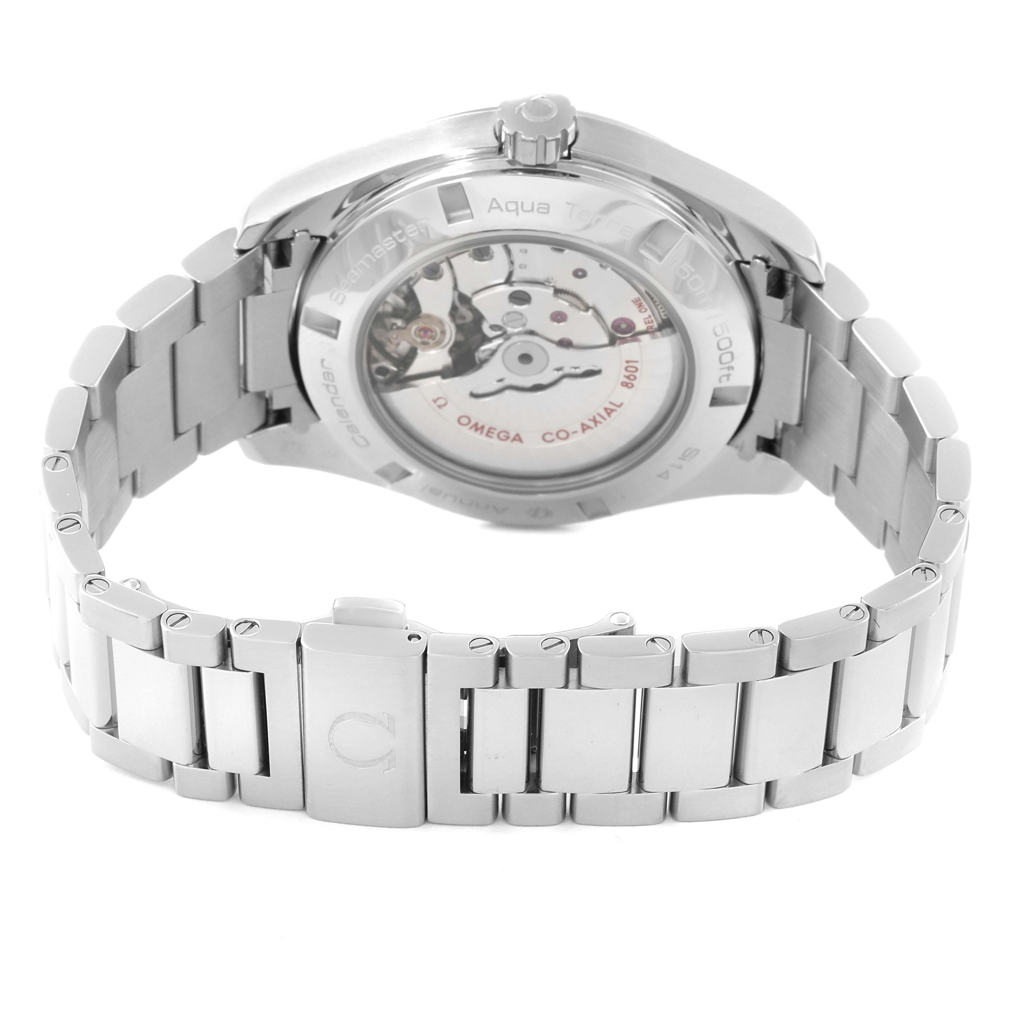 The image shows the back view of the Omega Aqua Terra 231.10.43.22.01.002 Men's Stainless Steel Black Dial 231.10.43.22.01.002 Men's Stainless Steel Black Dial watch, highlighting its open case back and stainless steel bracelet.