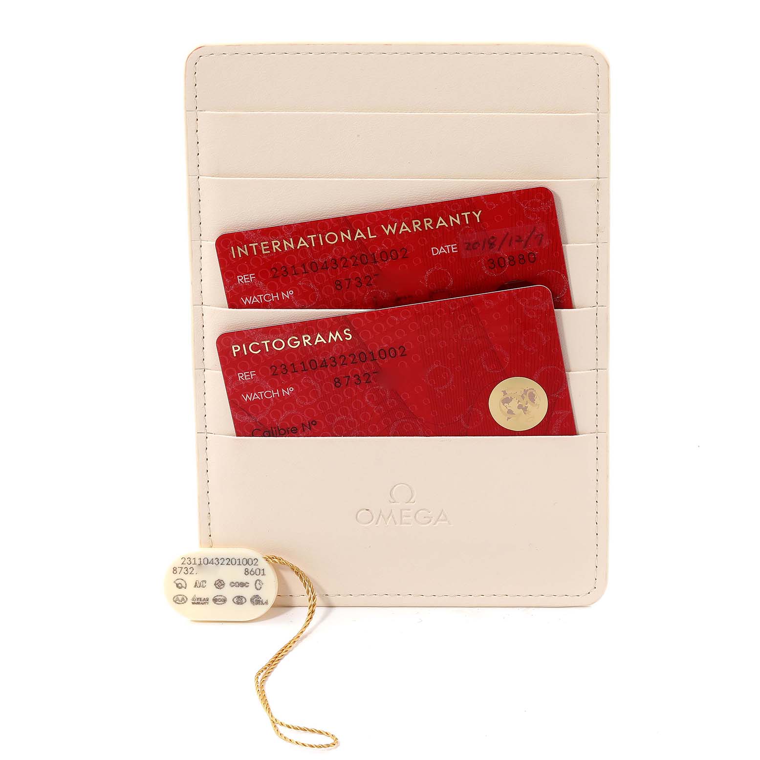 The image shows the warranty cards and accessories for an Omega Aqua Terra 231.10.43.22.01.002 Men's Stainless Steel Black Dial 231.10.43.22.01.002 Men's Stainless Steel Black Dial watch.