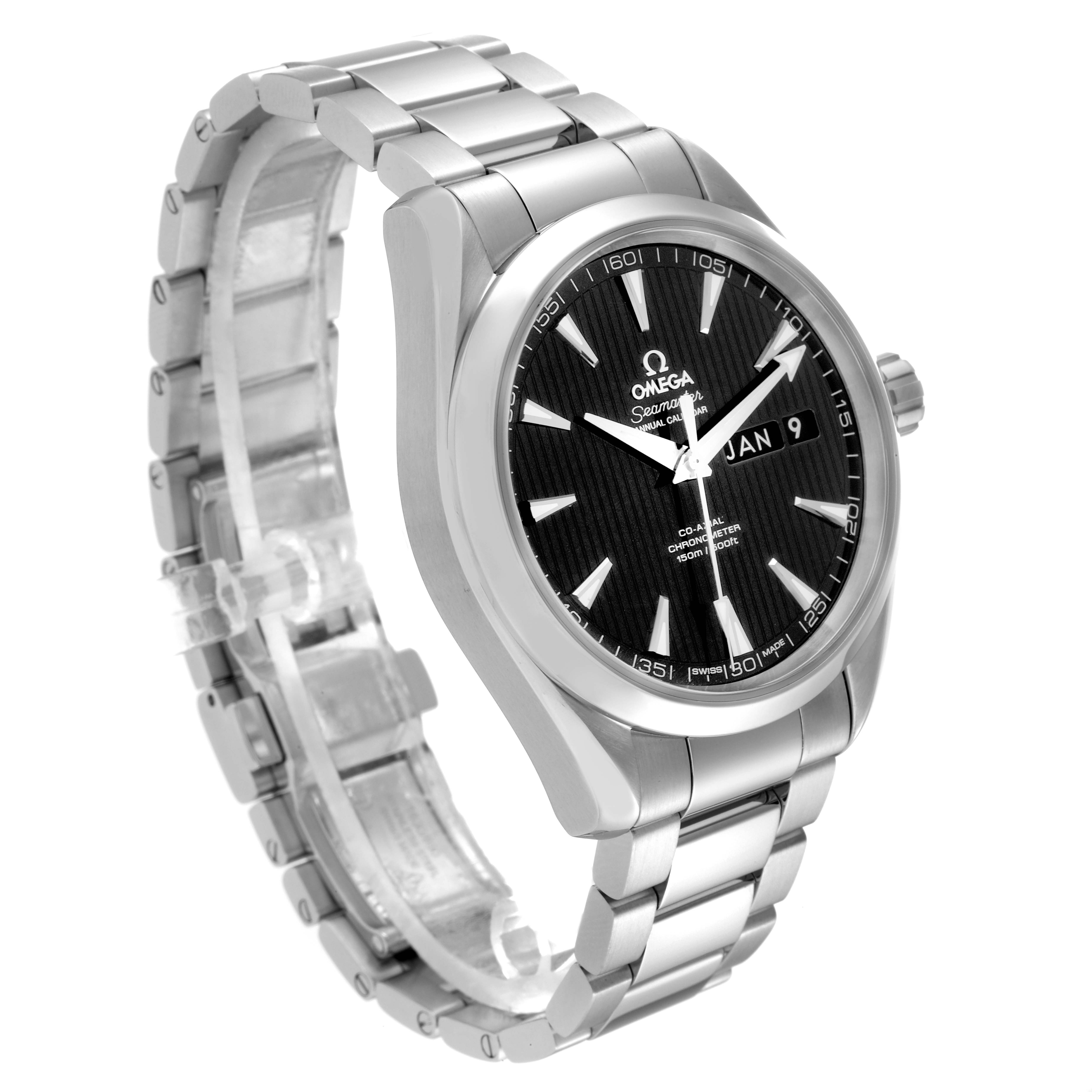 The Omega Aqua Terra 231.10.43.22.01.002 Men's Stainless Steel Black Dial 231.10.43.22.01.002 Men's Stainless Steel Black Dial watch is shown at a three-quarter angle, displaying the face, bezel, bracelet, and crown.