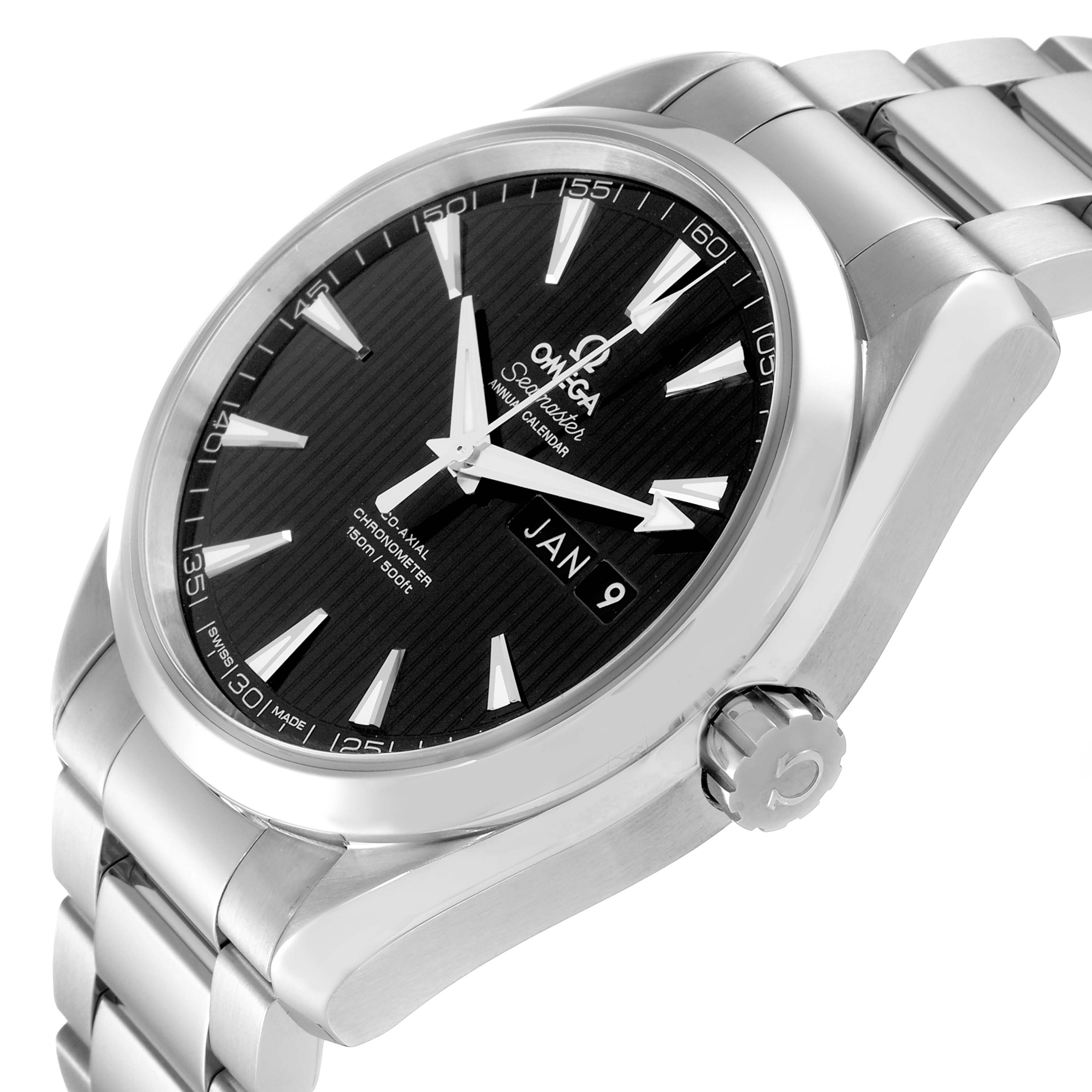 The image shows a side angle of the Omega Aqua Terra 231.10.43.22.01.002 Men's Stainless Steel Black Dial 231.10.43.22.01.002 Men's Stainless Steel Black Dial watch, highlighting its dial, bracelet, and crown.