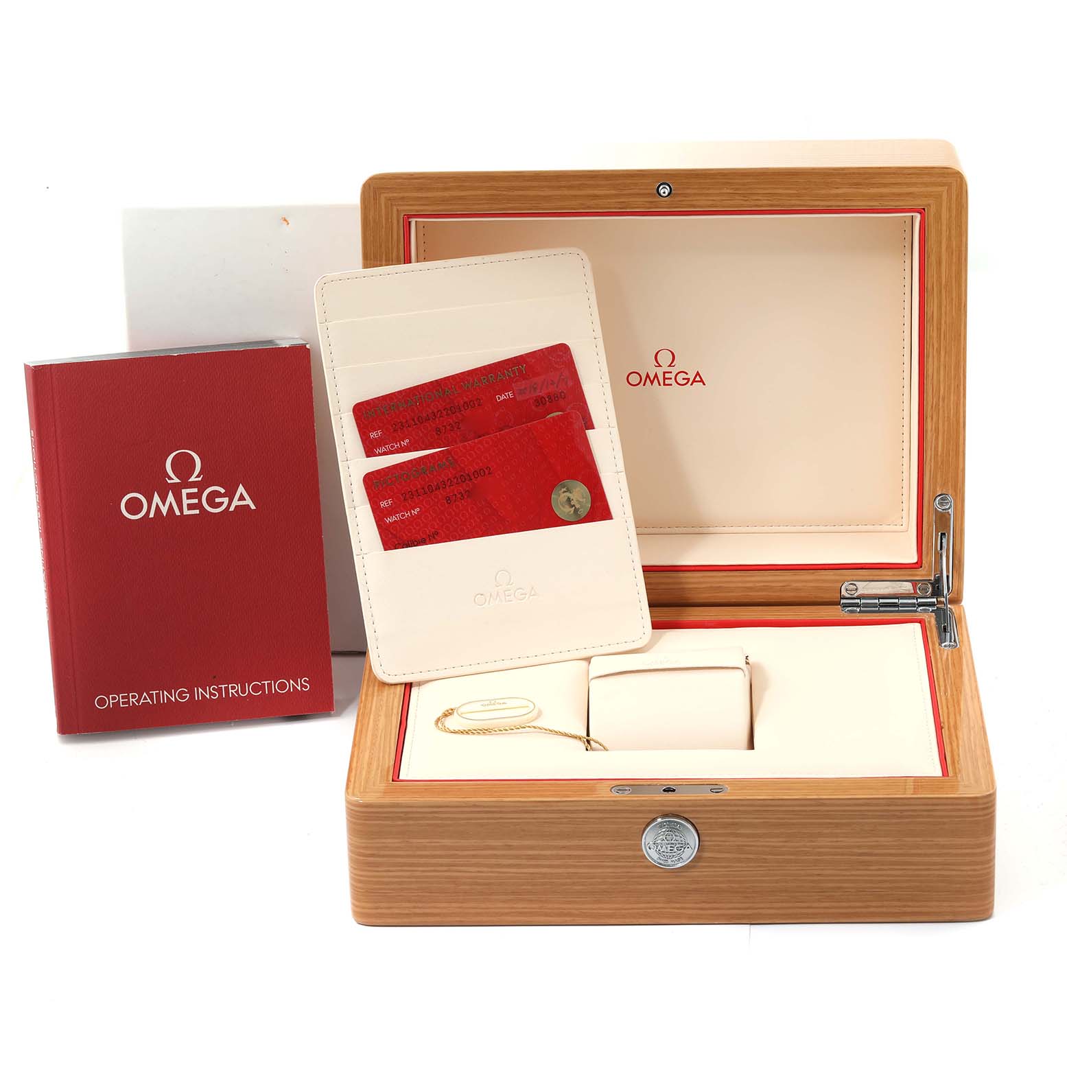 The image shows the Omega Aqua Terra 231.10.43.22.01.002 Men's Stainless Steel Black Dial 231.10.43.22.01.002 Men's Stainless Steel Black Dial watch box, operating instructions, and warranty cards.