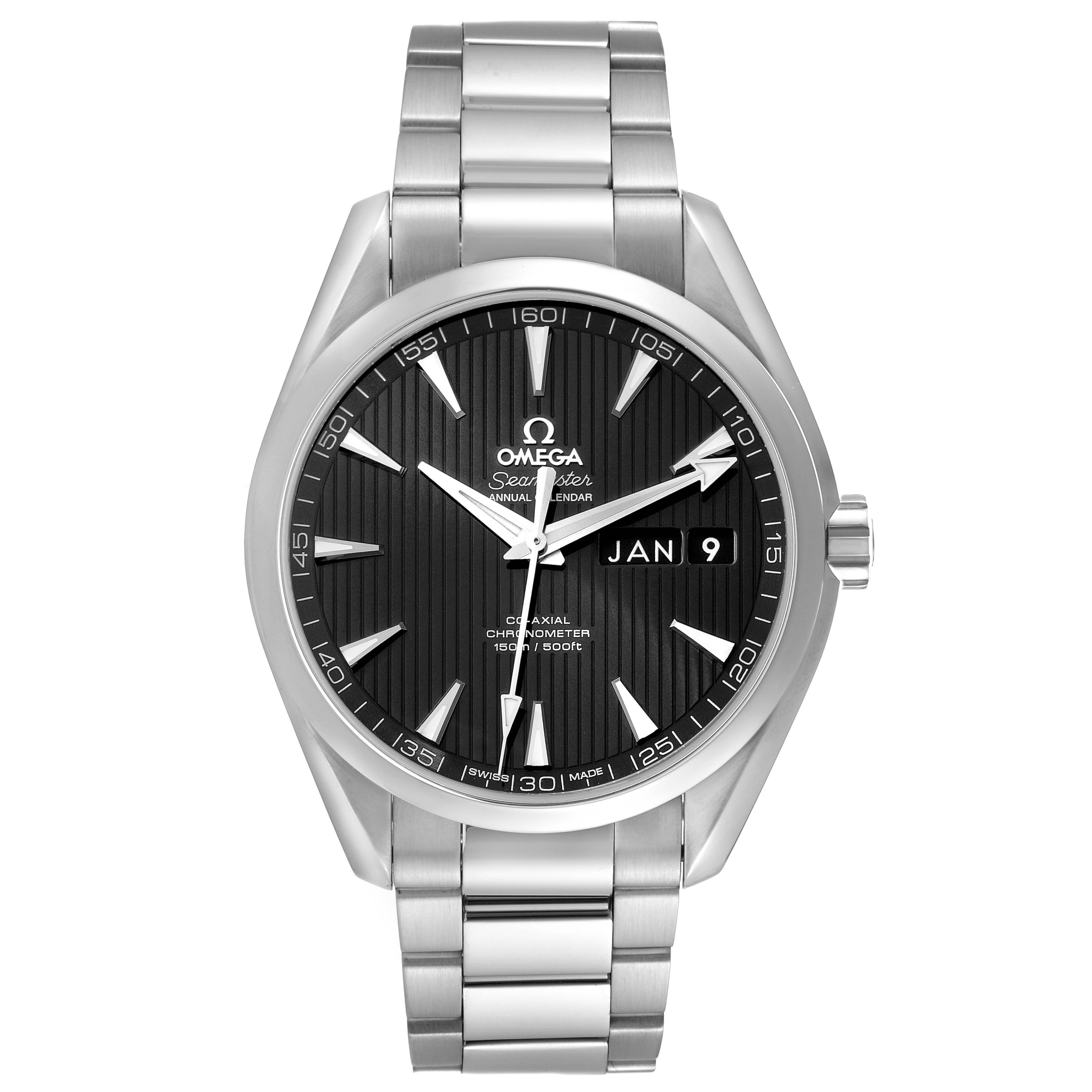 The Omega Aqua Terra 231.10.43.22.01.002 Men's Stainless Steel Black Dial 231.10.43.22.01.002 Men's Stainless Steel Black Dial model watch is shown from a front angle, displaying the face, bezel, crown, and stainless steel bracelet.