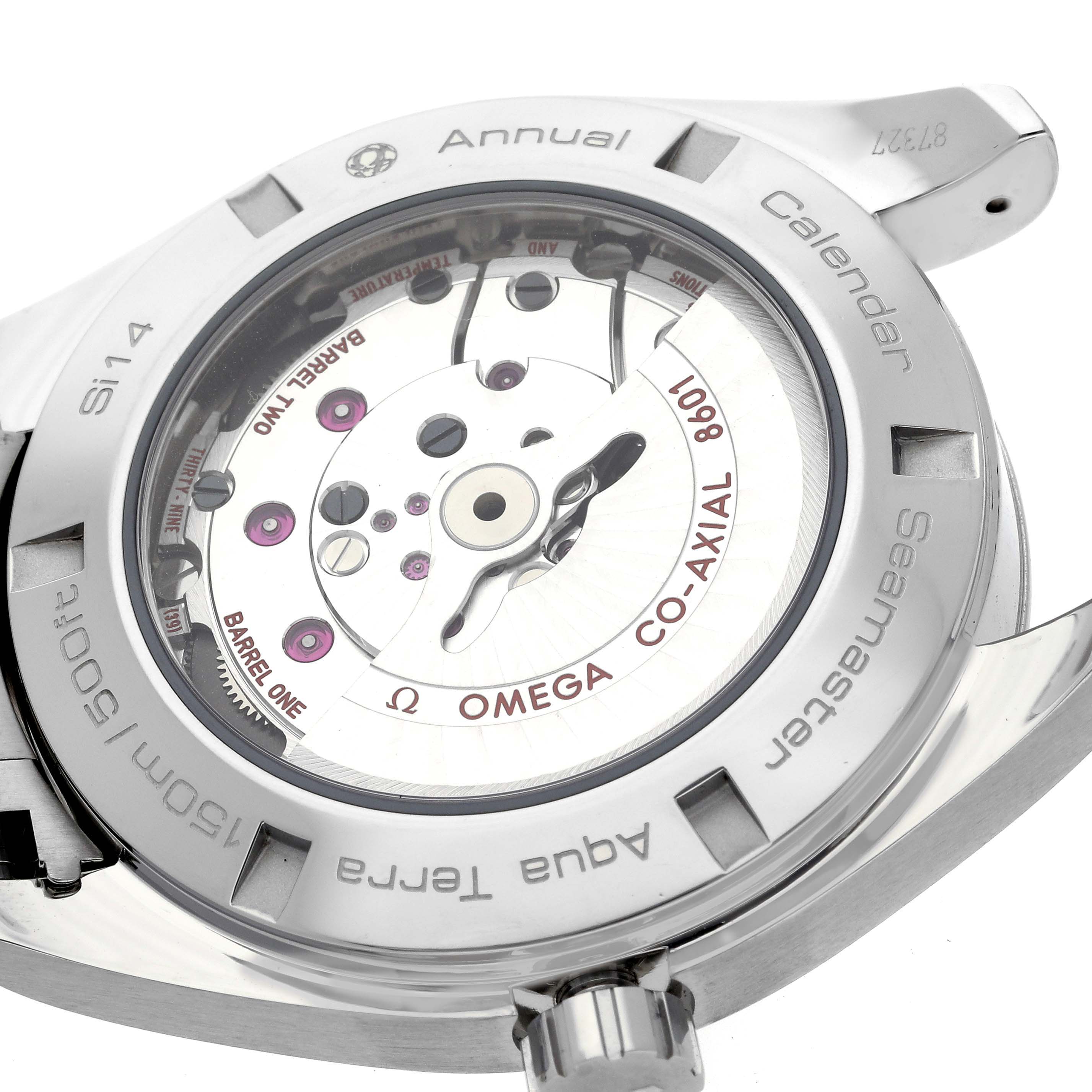 This Omega Aqua Terra 231.10.43.22.01.002 Men's Stainless Steel Black Dial 231.10.43.22.01.002 Men's Stainless Steel Black Dial watch is shown from the back, revealing the Co-Axial 8601 movement mechanism inside.