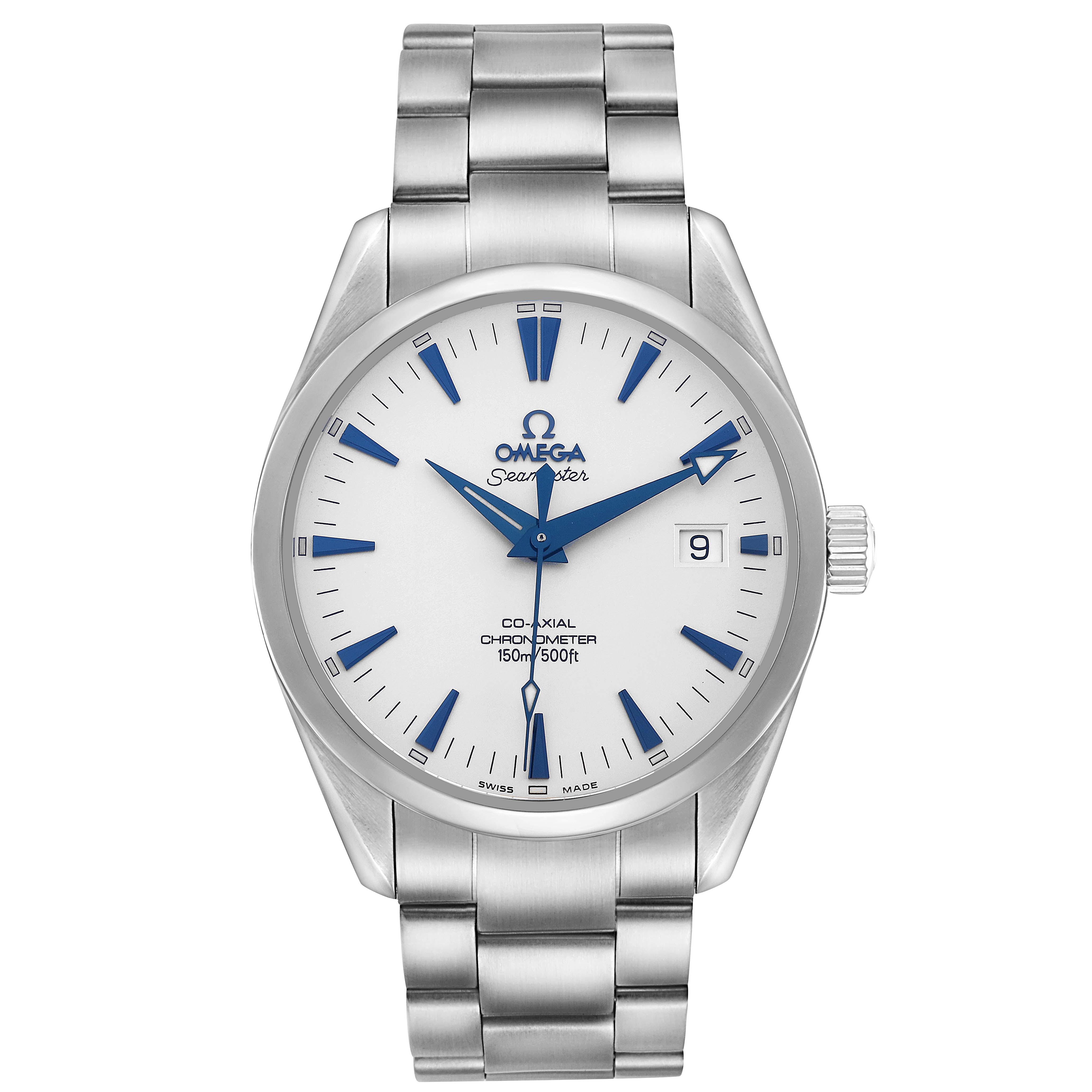 The Omega Seamaster 2503.33.00 Men
s Stainless Steel White Dial watch is shown from the front, displaying its face, metal bracelet, and crown.