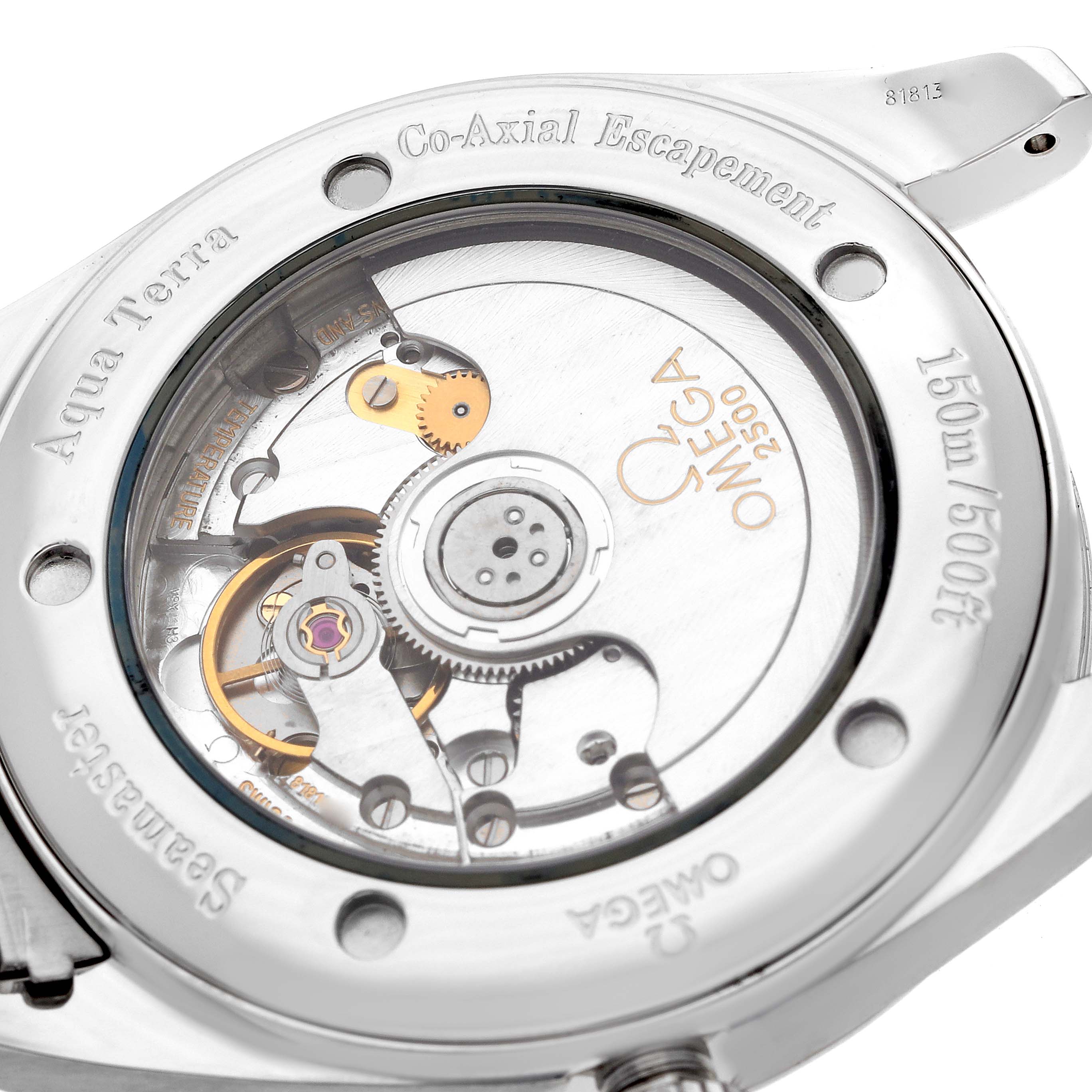 The image shows the back of the Omega Seamaster 2503.33.00 Men
s Stainless Steel White Dial, revealing the Co-Axial escapement and internal movement parts.
