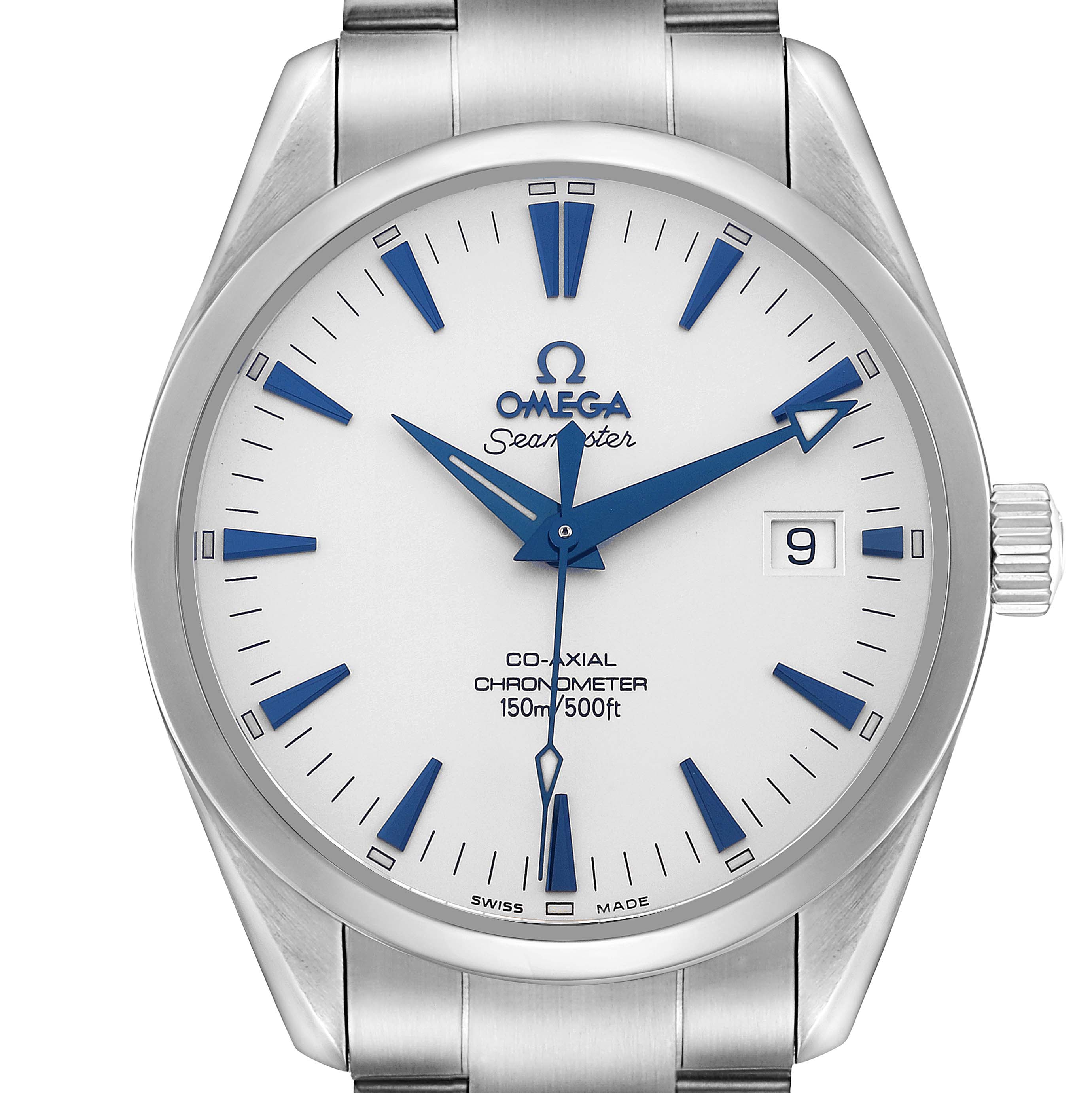 The Omega Seamaster 2503.33.00 Men
s Stainless Steel White Dial watch is shown from a front angle, displaying the dial, hands, and date window clearly.