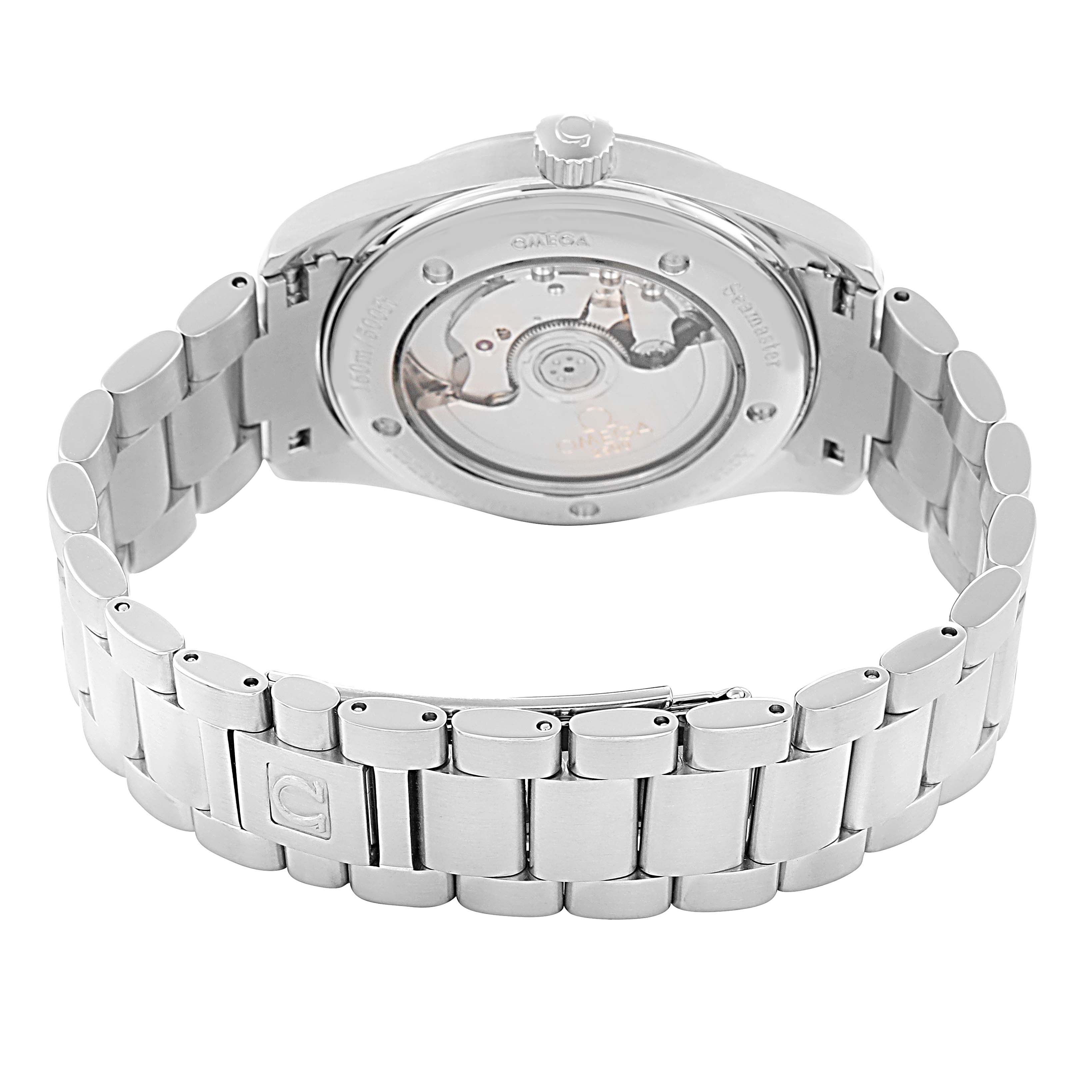 The image shows the back of the Omega Seamaster 2503.33.00 Men
s Stainless Steel White Dial watch, highlighting the exhibition case back and metal bracelet.
