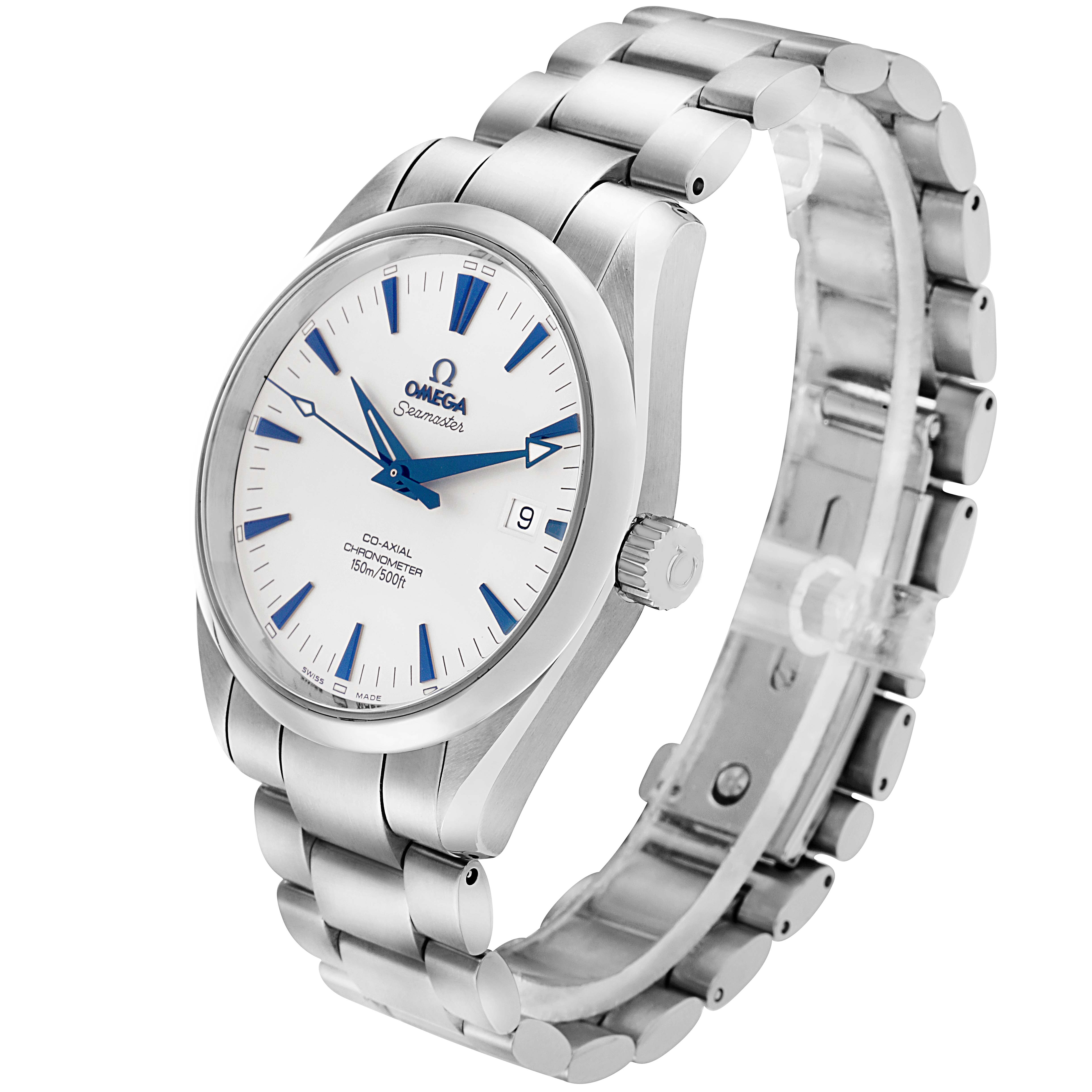The Omega Seamaster 2503.33.00 Men
s Stainless Steel White Dial watch is shown at a slight angle, displaying its face, bracelet, and side crown.