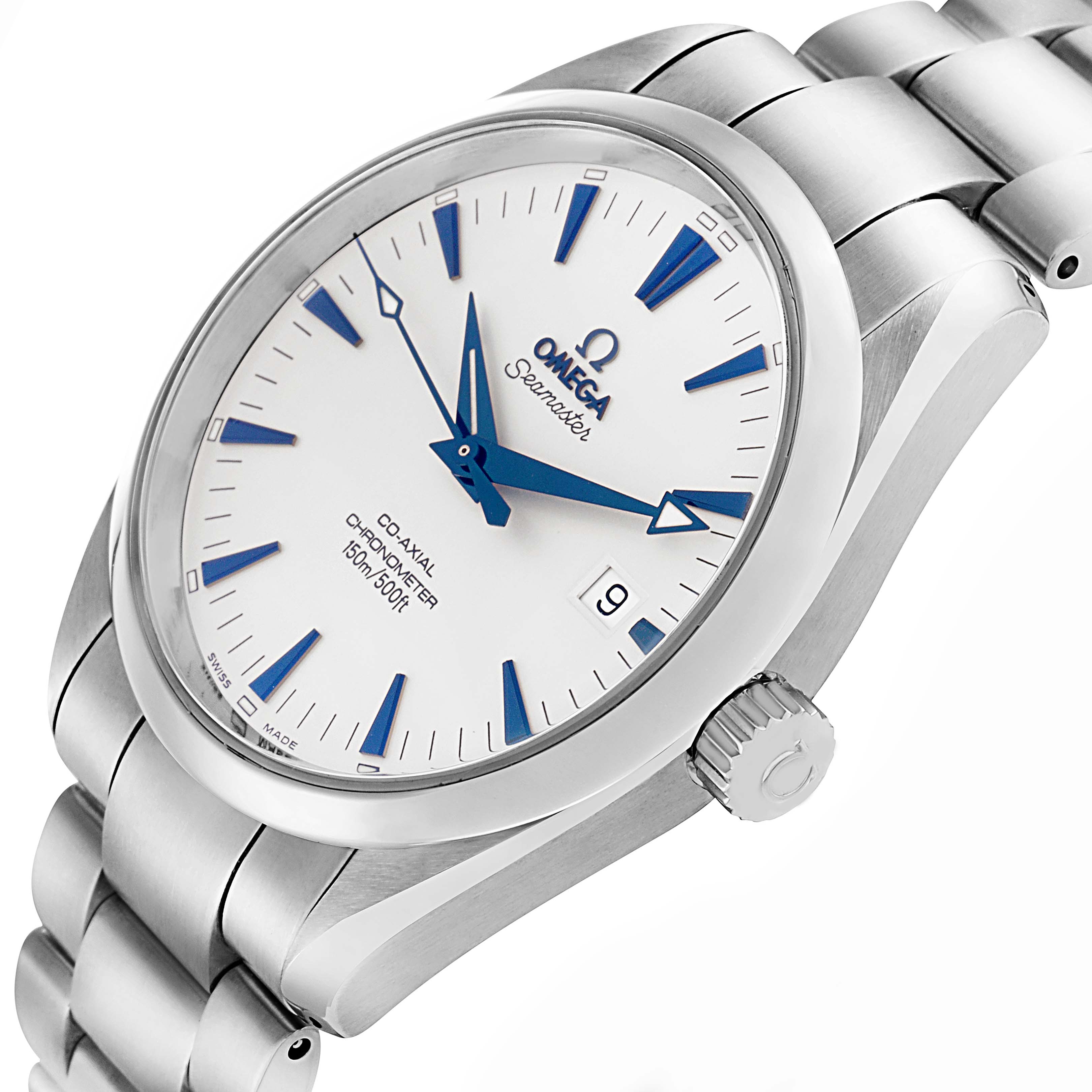 The Omega Seamaster 2503.33.00 Men
s Stainless Steel White Dial watch is shown from an oblique angle, highlighting the dial, crown, and part of the bracelet.
