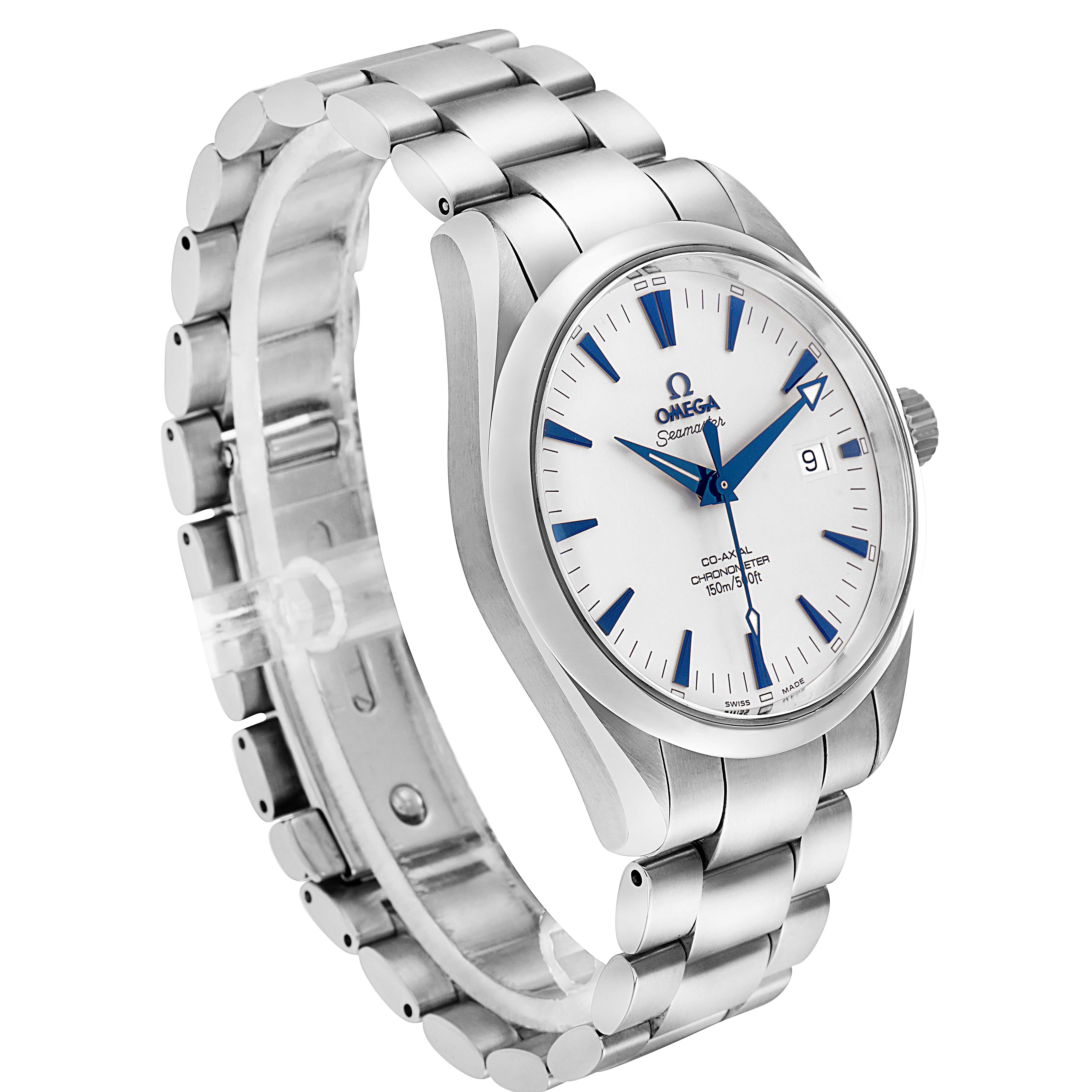 The Omega Seamaster 2503.33.00 Men
s Stainless Steel White Dial watch is shown at a three-quarter angle, displaying its face, bezel, crown, and metal bracelet.