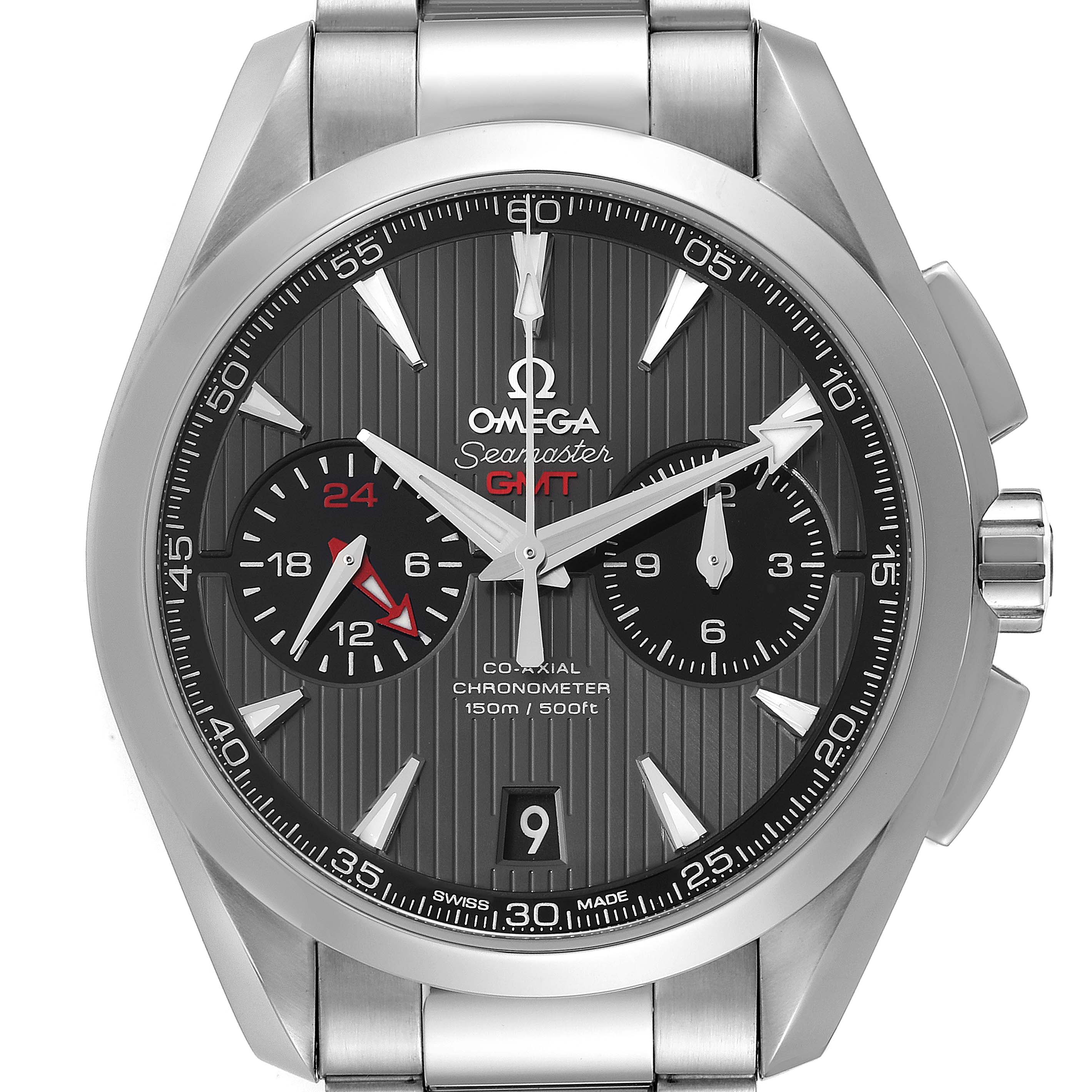 The image shows a frontal view of the Omega Seamaster Aqua Terra GMT watch, highlighting its dial and metal bracelet.