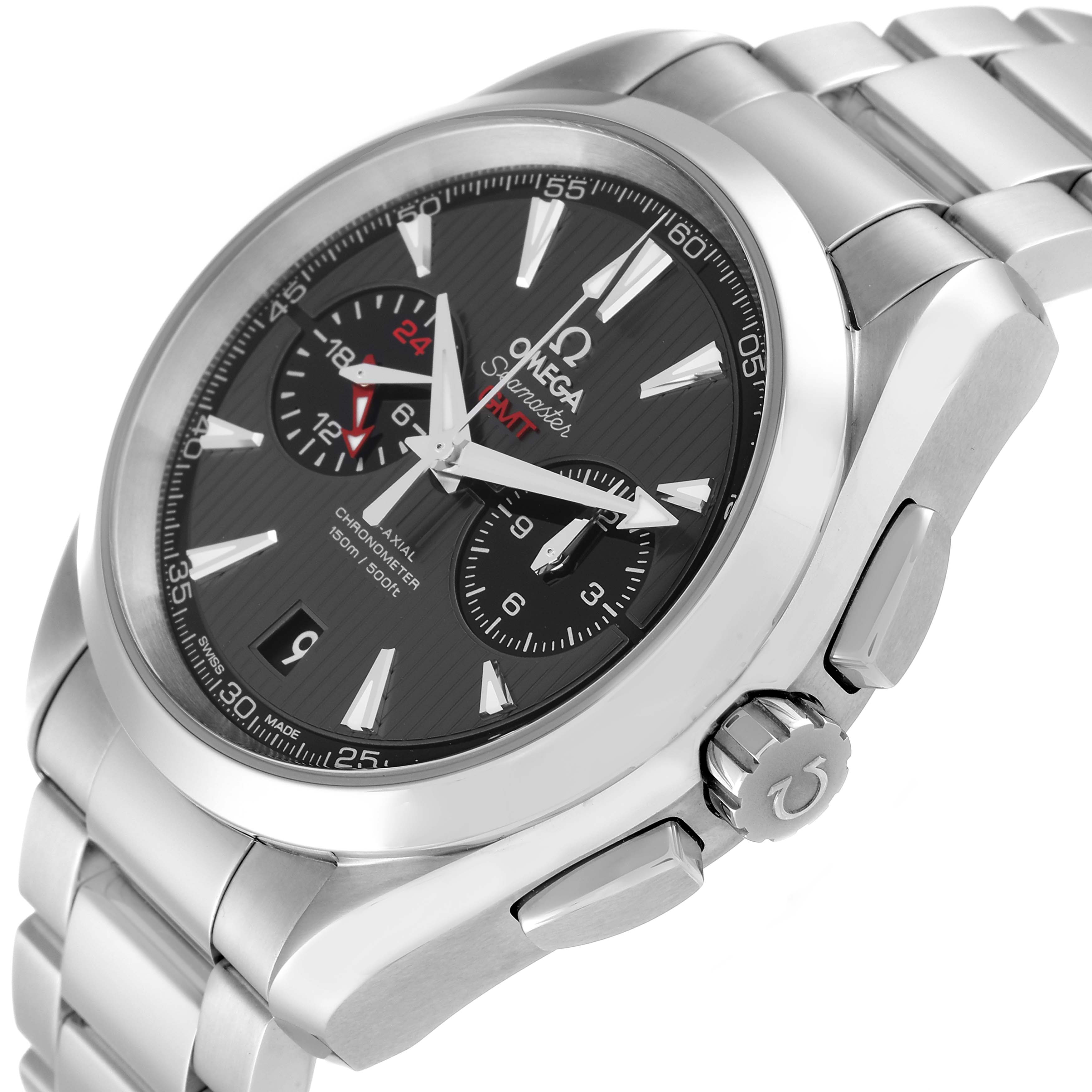 This image displays an Omega Aqua Terra 231.10.43.52.06.001 Men's Stainless Steel Grey Dial 231.10.43.52.06.001 Men's Stainless Steel Grey Dial watch at an angled side view, showcasing the dial, crown, and part of the bracelet.