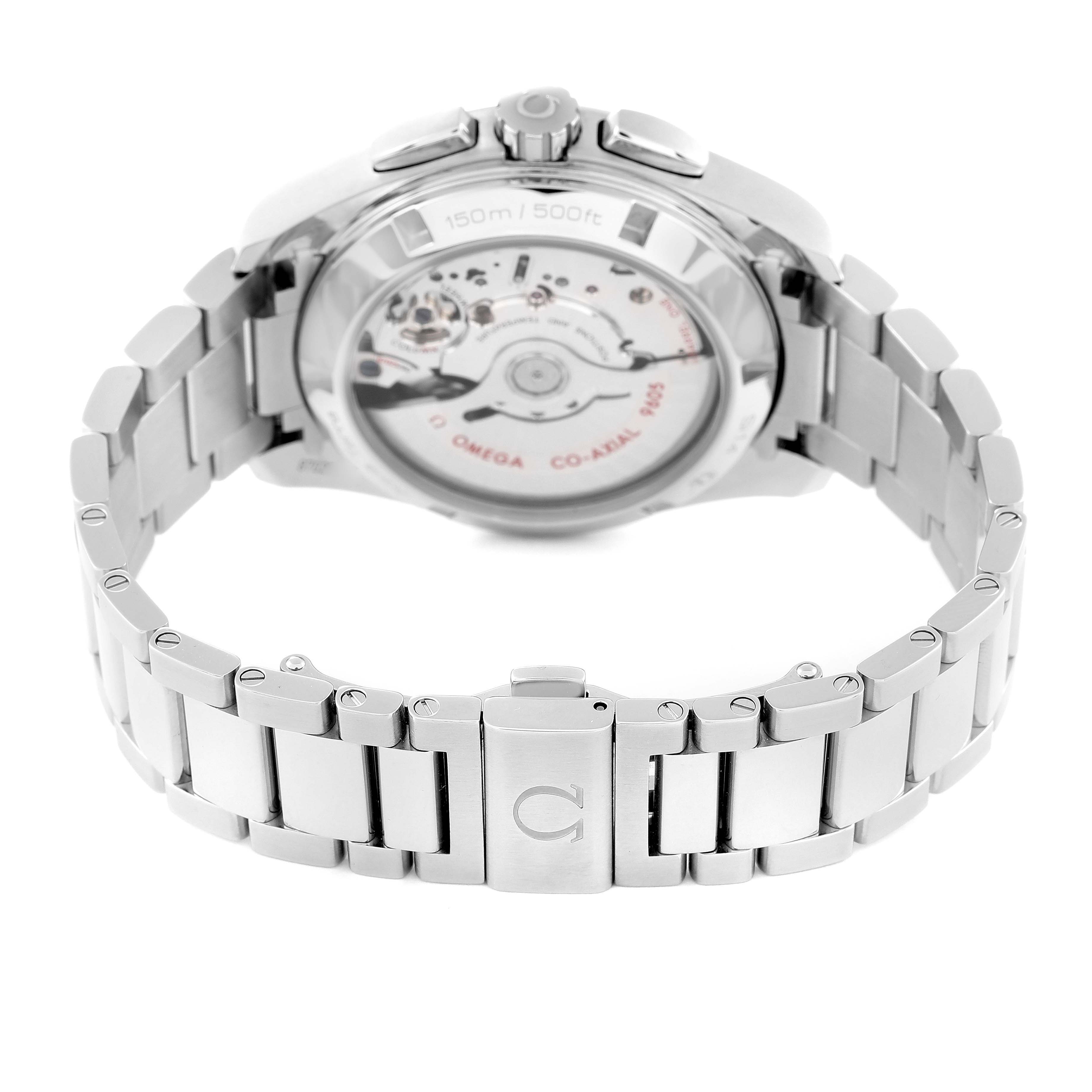 The image shows the back side of the Omega Aqua Terra 231.10.43.52.06.001 Men's Stainless Steel Grey Dial 231.10.43.52.06.001 Men's Stainless Steel Grey Dial watch, revealing the movement and the bracelet with a deployment clasp.