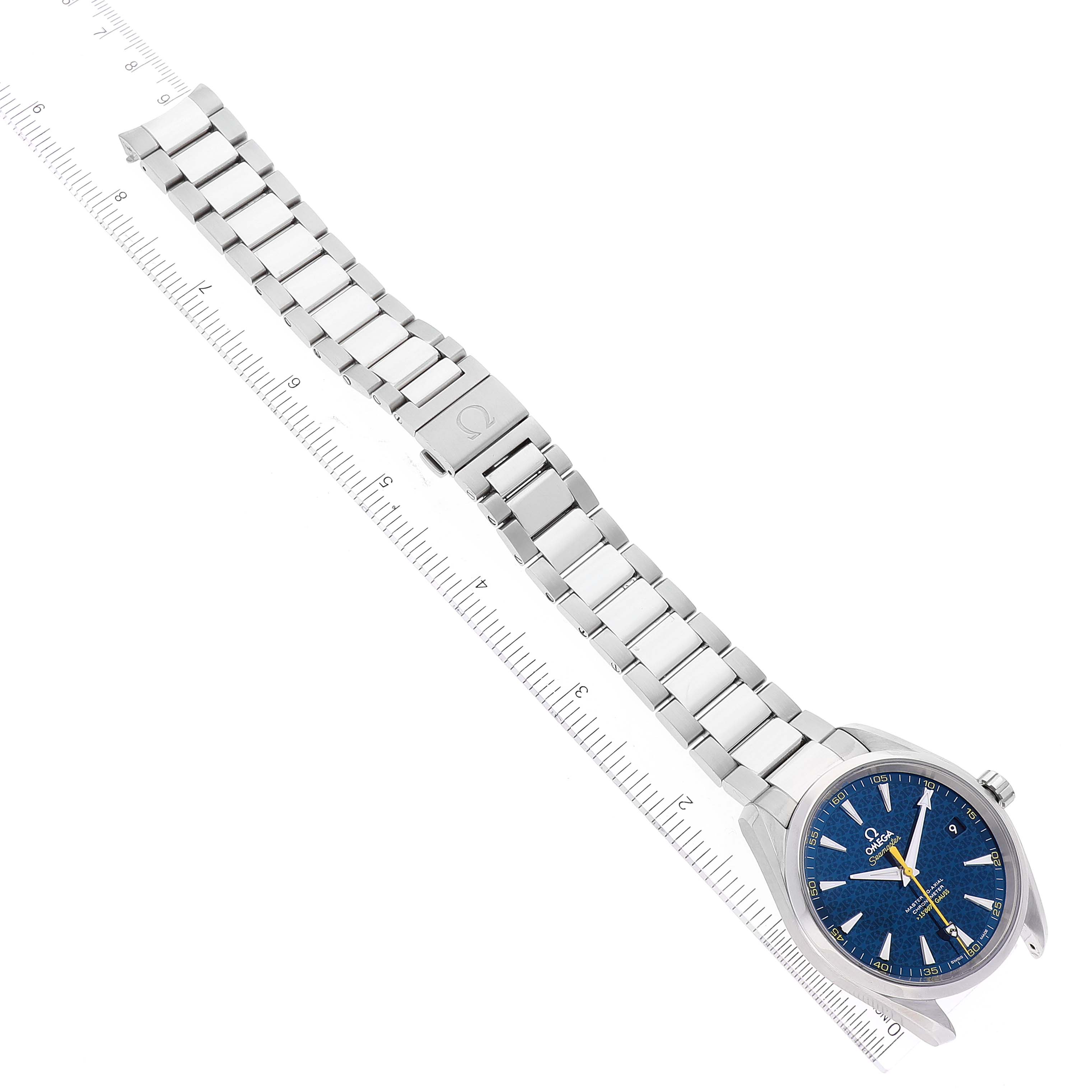 The image shows an Omega Aqua Terra 231.10.42.21.03.004 Men
s Stainless Steel Blue Dial 231.10.42.21.03.004 Men
s Stainless Steel Blue Dial watch from an overhead angle, featuring its full metal bracelet and blue dial.