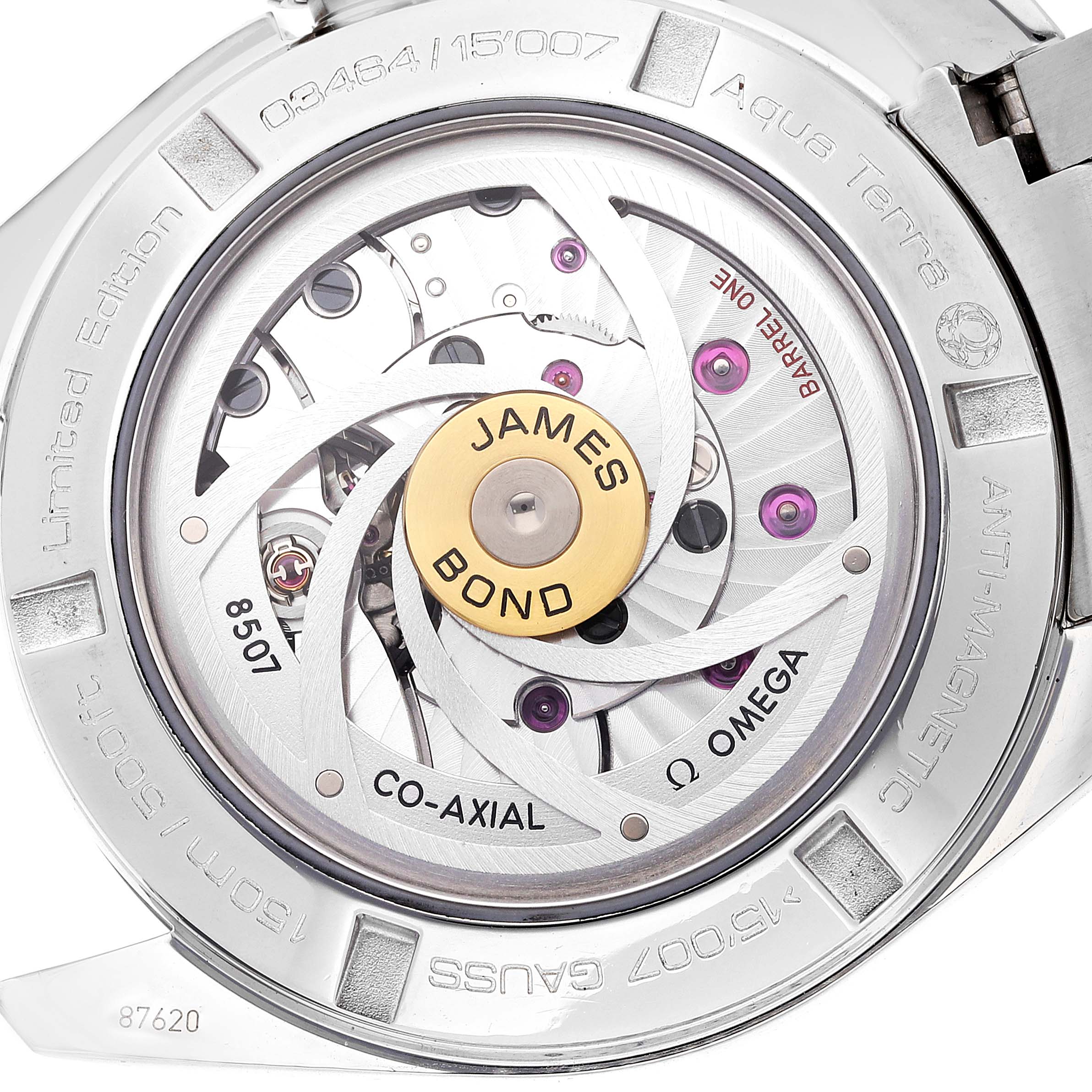 The image shows the back view of an Omega Aqua Terra 231.10.42.21.03.004 Men
s Stainless Steel Blue Dial 231.10.42.21.03.004 Men
s Stainless Steel Blue Dial watch with an exposed movement featuring "James Bond" on the rotor.