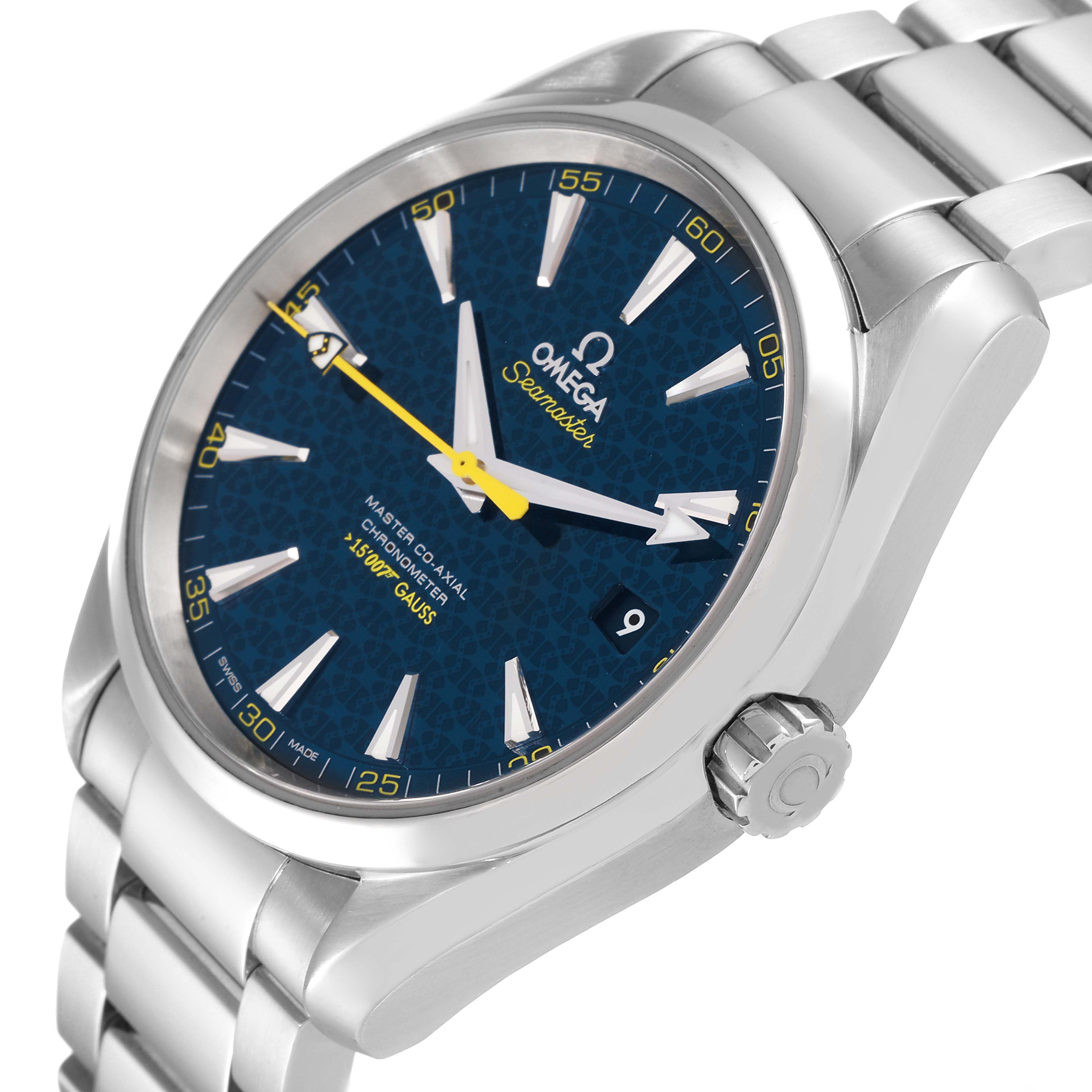 The image shows the dial, bezel, crown, and bracelet of the Omega Aqua Terra 231.10.42.21.03.004 Men
s Stainless Steel Blue Dial 231.10.42.21.03.004 Men
s Stainless Steel Blue Dial watch at a slight angle.