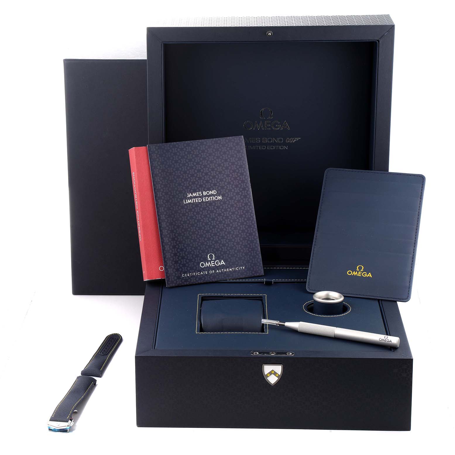 The image shows the packaging and accessories for the Omega Aqua Terra 231.10.42.21.03.004 Men
s Stainless Steel Blue Dial 231.10.42.21.03.004 Men
s Stainless Steel Blue Dial James Bond Limited Edition watch, including booklets, a strap, and a tool.