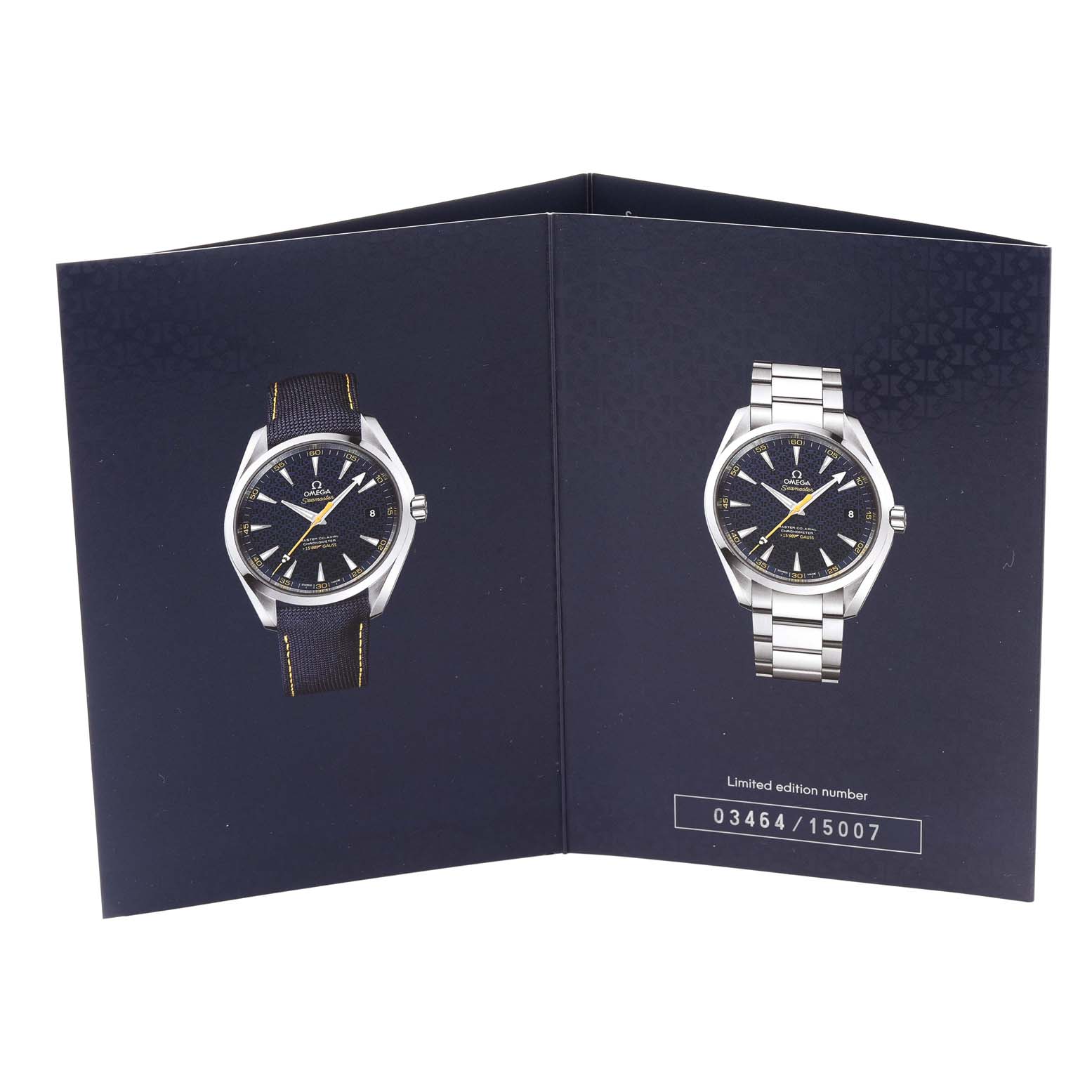 The image shows a brochure with two Omega Aqua Terra 231.10.42.21.03.004 Men
s Stainless Steel Blue Dial 231.10.42.21.03.004 Men
s Stainless Steel Blue Dial watches, one with a leather strap and the other with a metal bracelet.