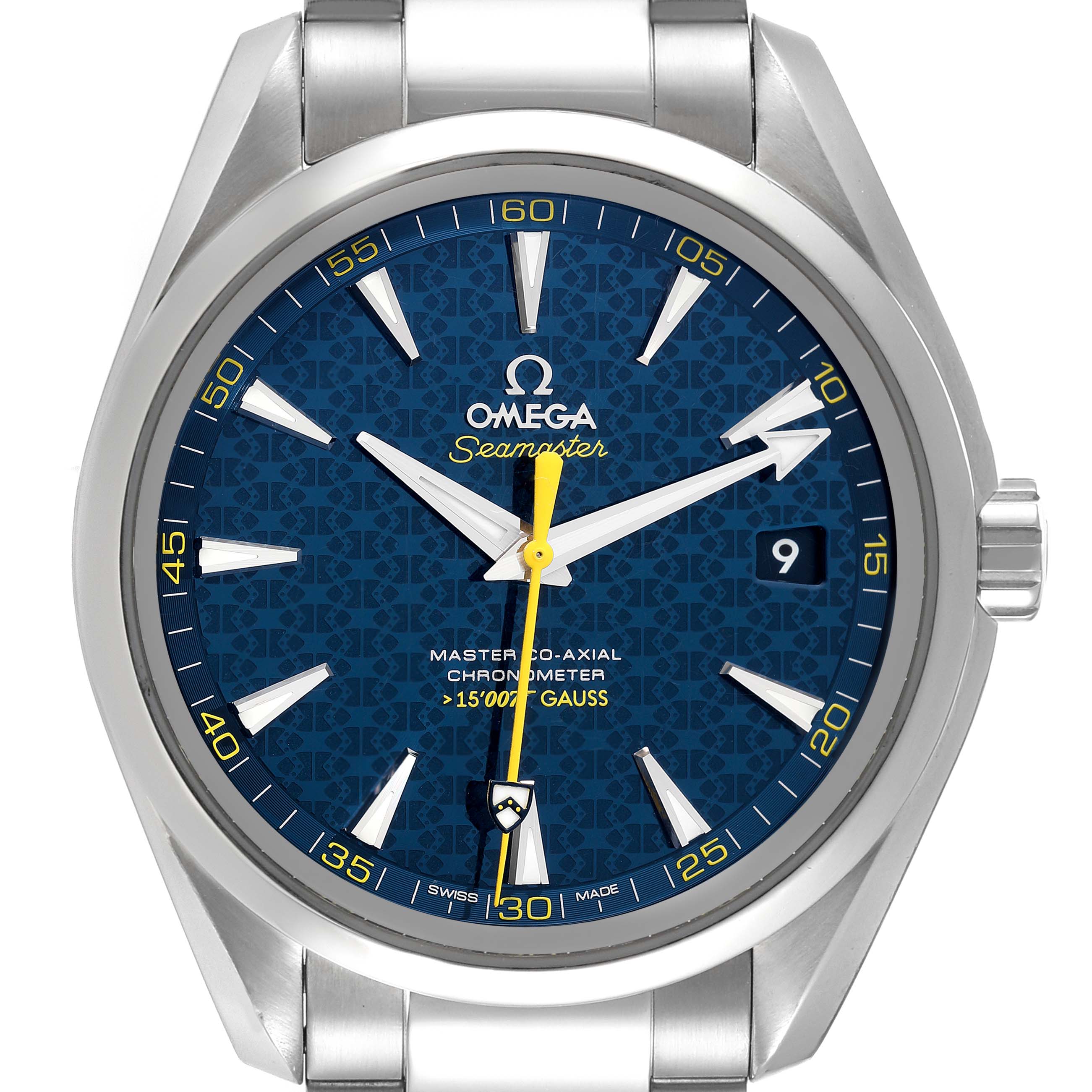 This is a front view of the Omega Seamaster Aqua Terra watch, showcasing its blue dial and stainless steel bracelet.