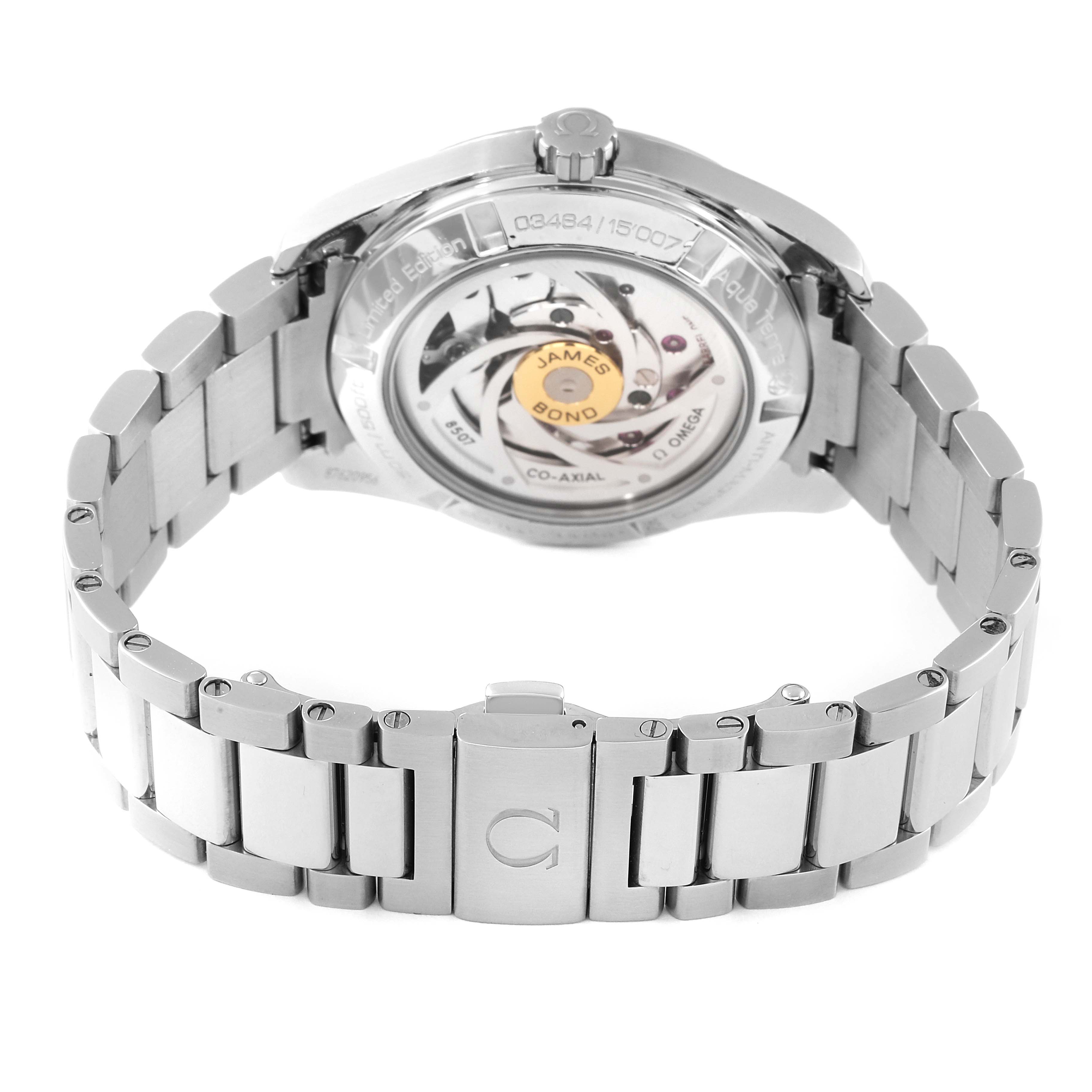 The image shows the back view of the Omega Aqua Terra 231.10.42.21.03.004 Men
s Stainless Steel Blue Dial 231.10.42.21.03.004 Men
s Stainless Steel Blue Dial watch, highlighting its open case back and stainless steel bracelet.