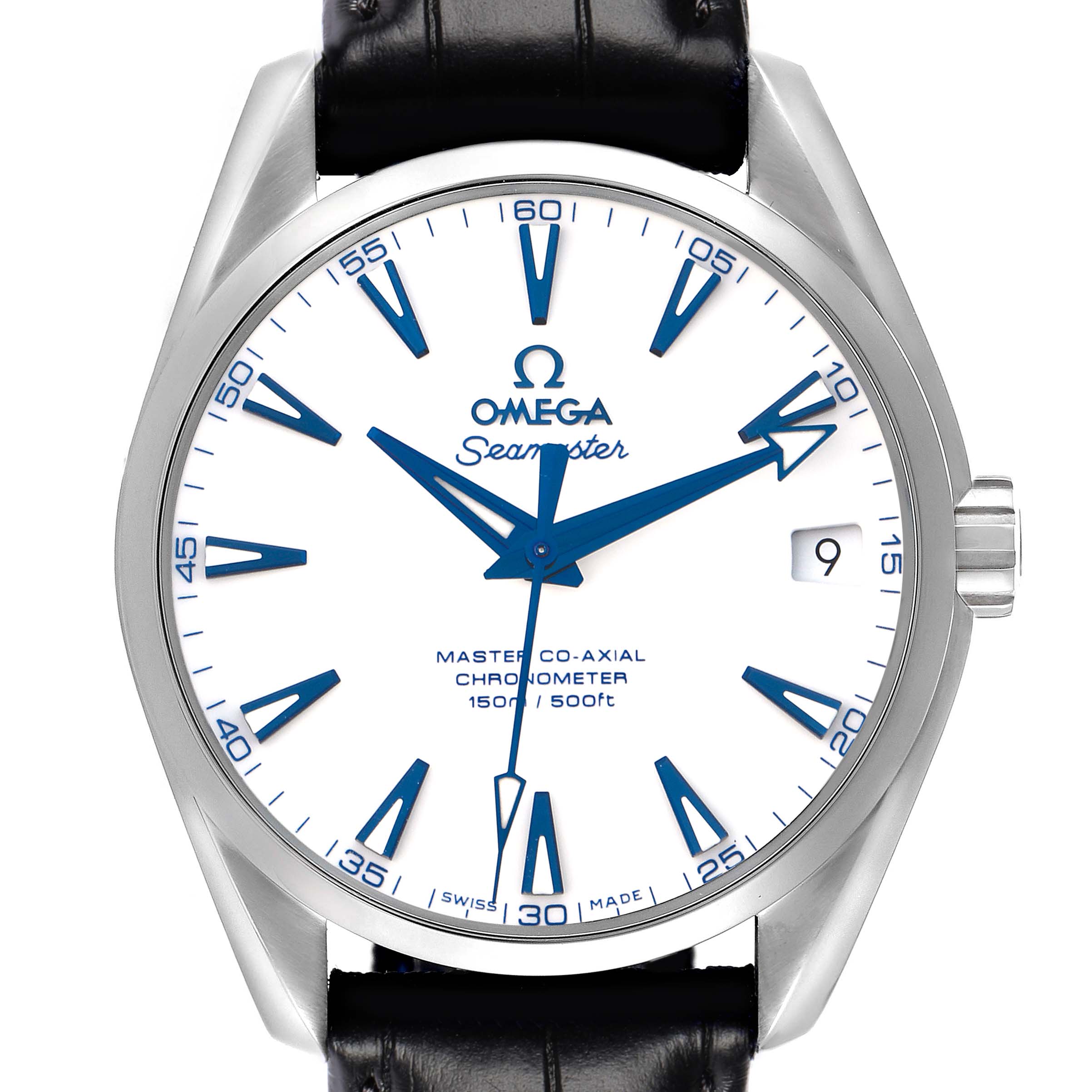 The Omega Aqua Terra 231.92.39.21.04.001 Men
s Titanium White Dial watch is shown from the front, displaying the dial, hands, markers, crown, and part of the band.