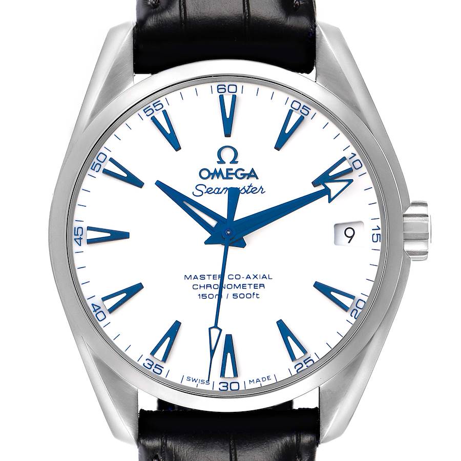 The Omega Aqua Terra 231.92.39.21.04.001 is shown from the front at a slight angle, displaying the face, crown, and part of the black leather strap.