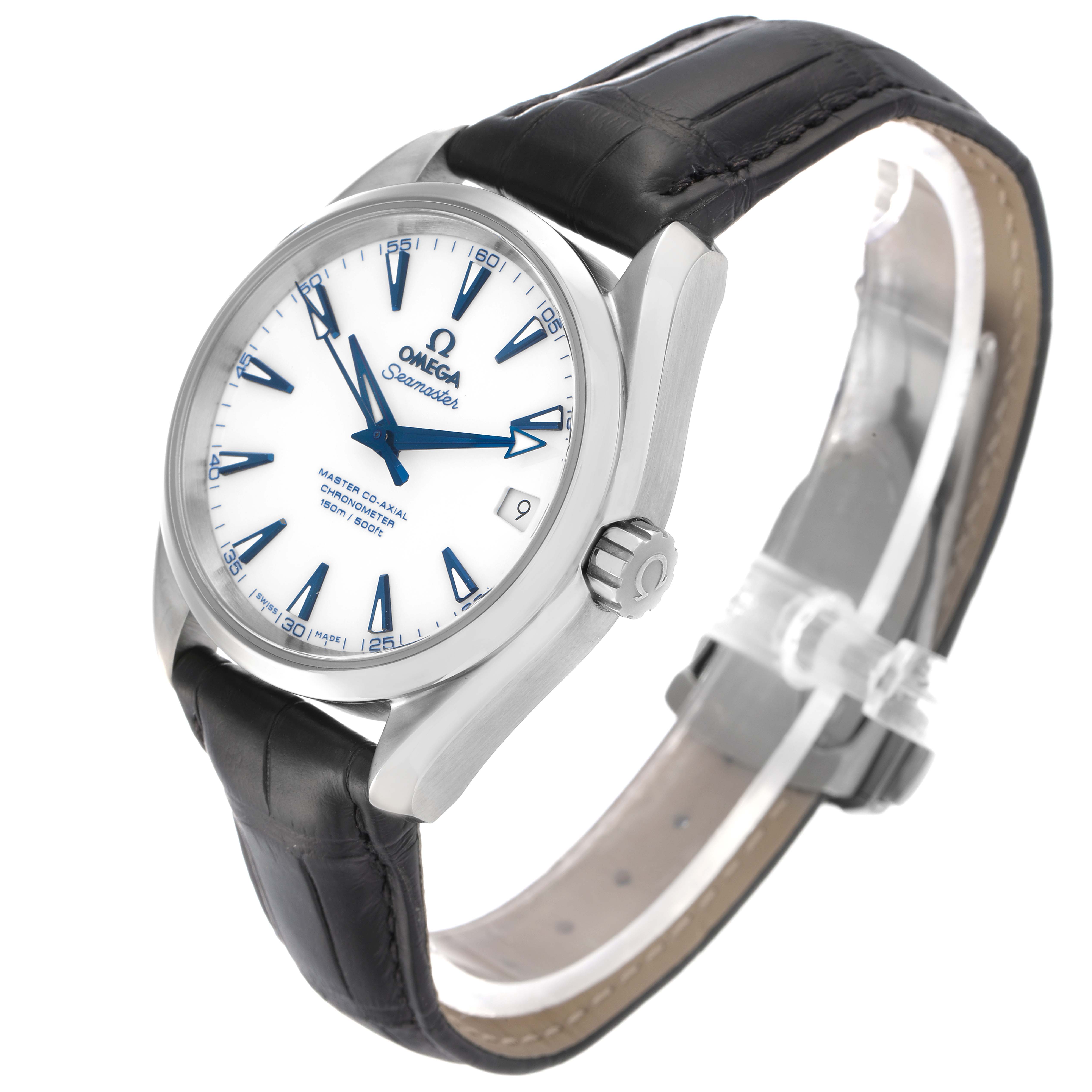 The Omega Aqua Terra 231.92.39.21.04.001 Men
s Titanium White Dial watch is shown at an oblique angle, highlighting the face, crown, and leather strap.