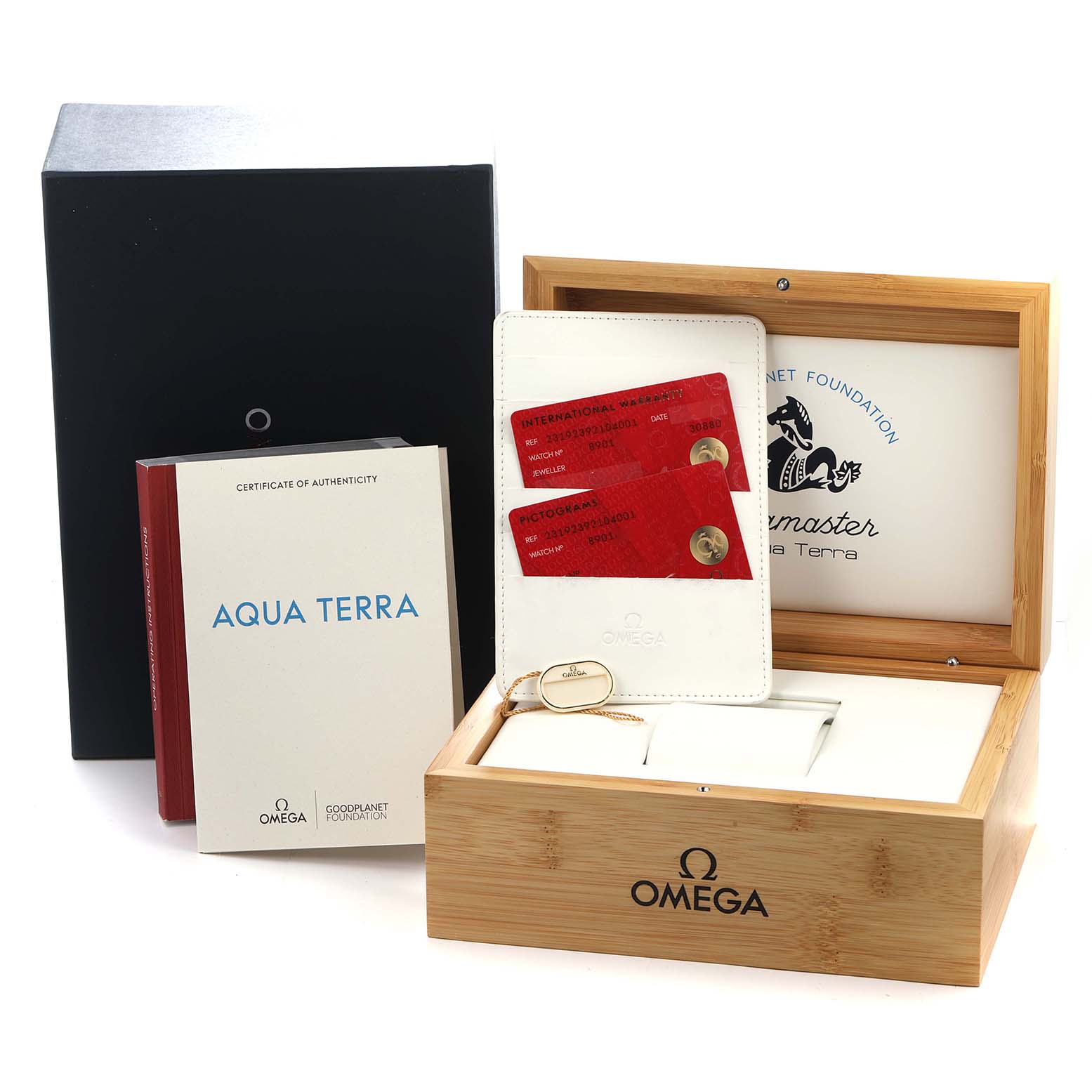 The image shows the Omega Aqua Terra 231.92.39.21.04.001 Men
s Titanium White Dial packaging, including the box, cards, and booklets, displayed at a front angle.