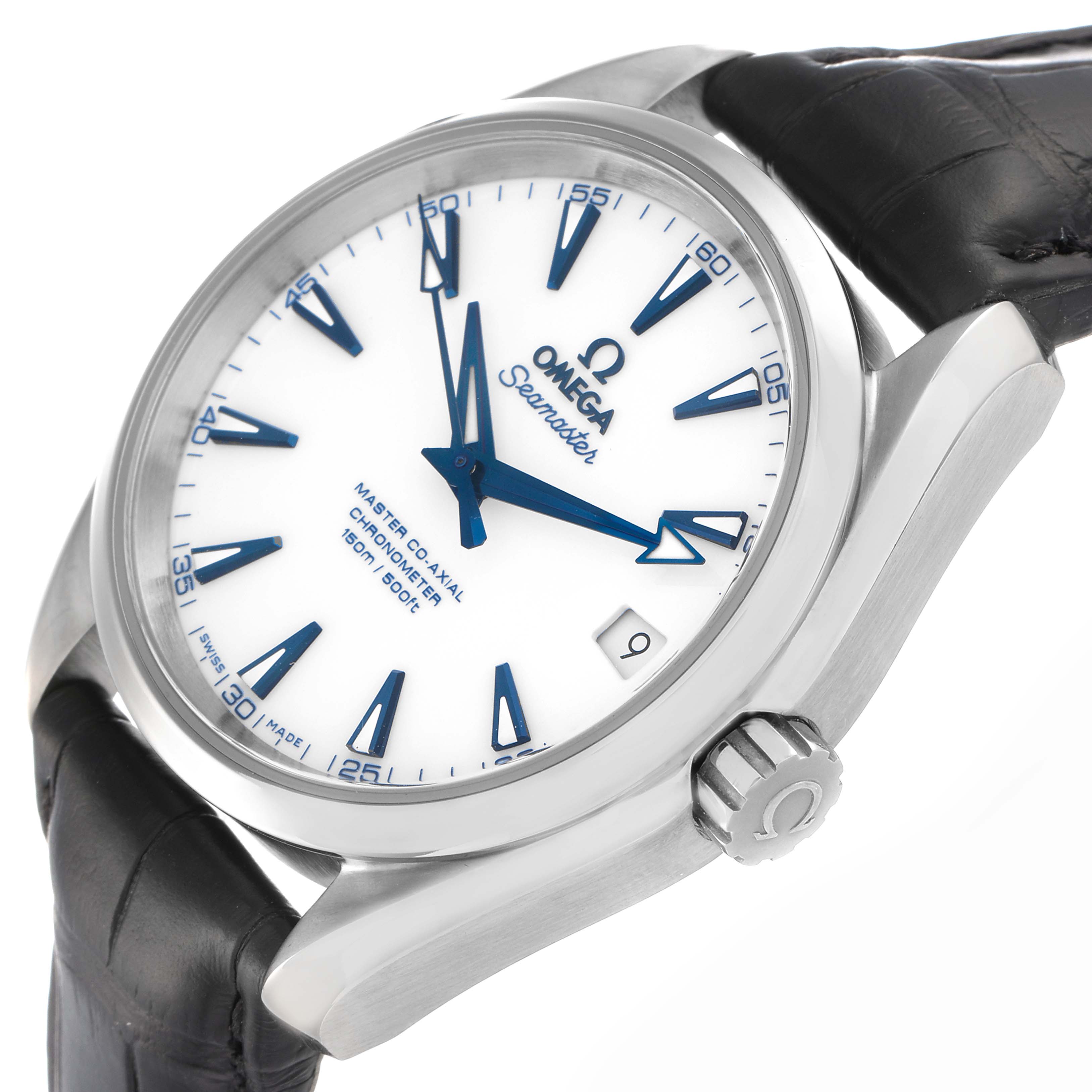The Omega Aqua Terra 231.92.39.21.04.001 Men
s Titanium White Dial watch is shown at a three-quarter angle, displaying the dial, side crown, and part of the leather strap.
