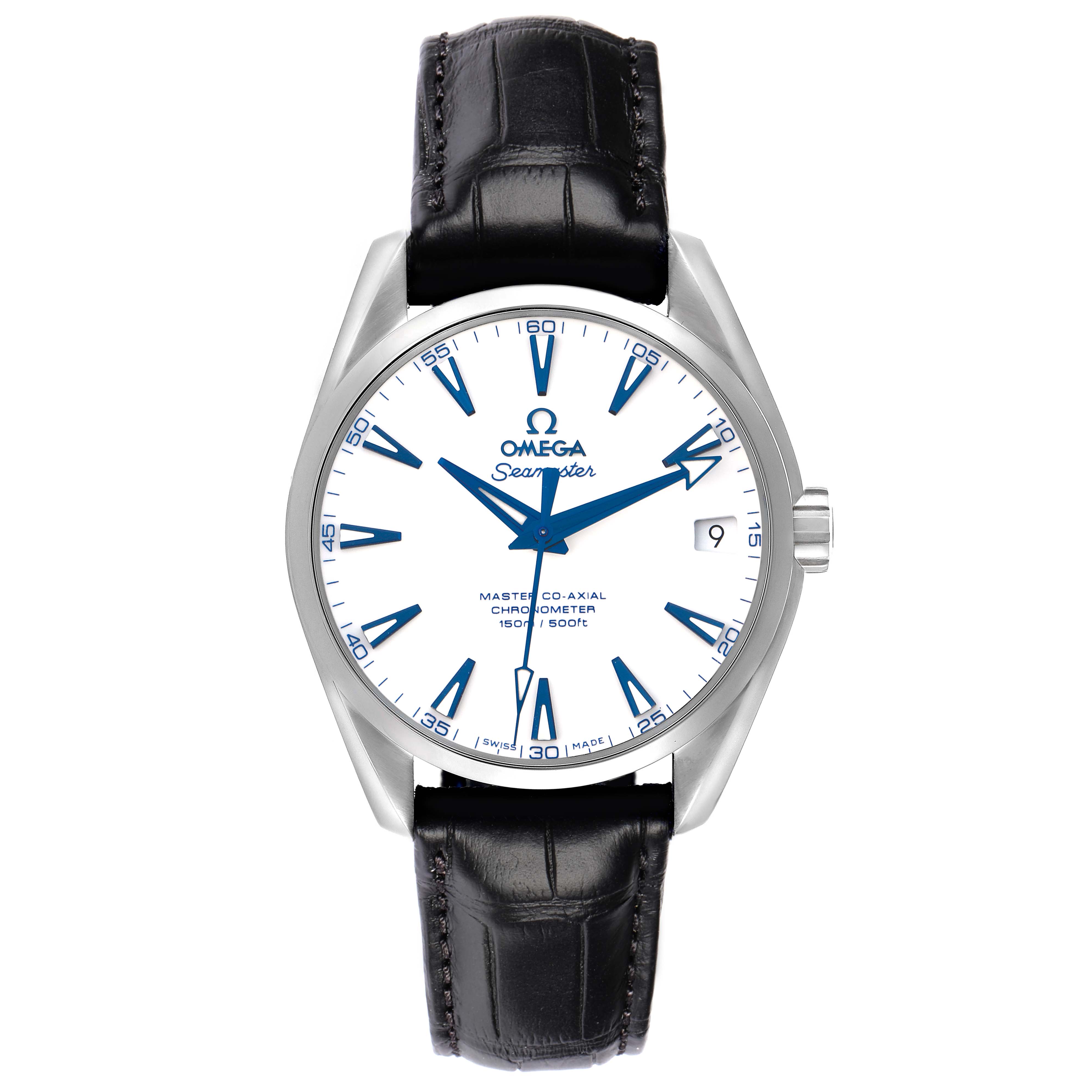 The Omega Aqua Terra 231.92.39.21.04.001 Men
s Titanium White Dial watch is shown from the front, displaying its dial, hands, date window, and leather strap.