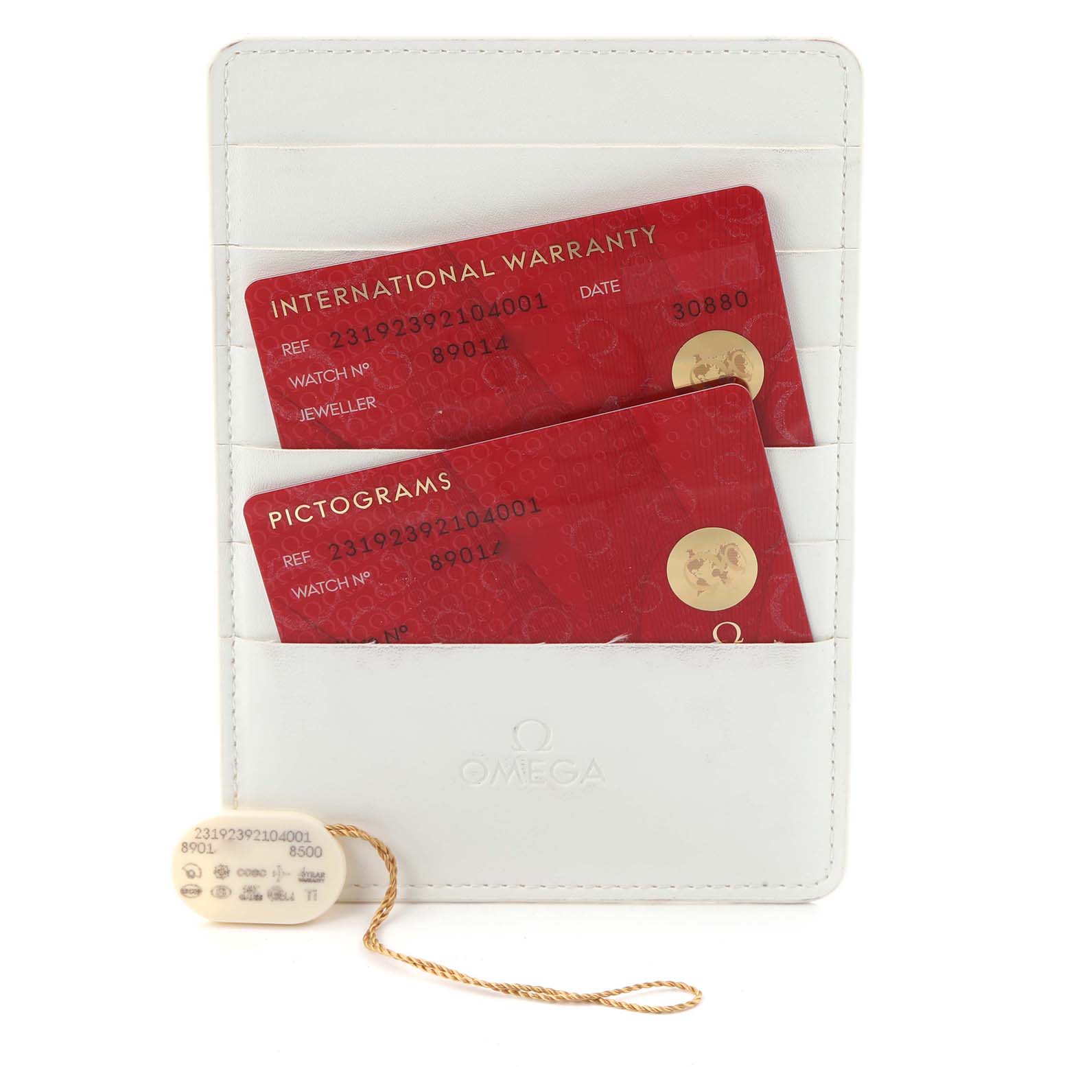 The image shows warranty and pictogram cards for the Omega Aqua Terra 231.92.39.21.04.001 Men
s Titanium White Dial, stored in a branded cardholder with a tag.