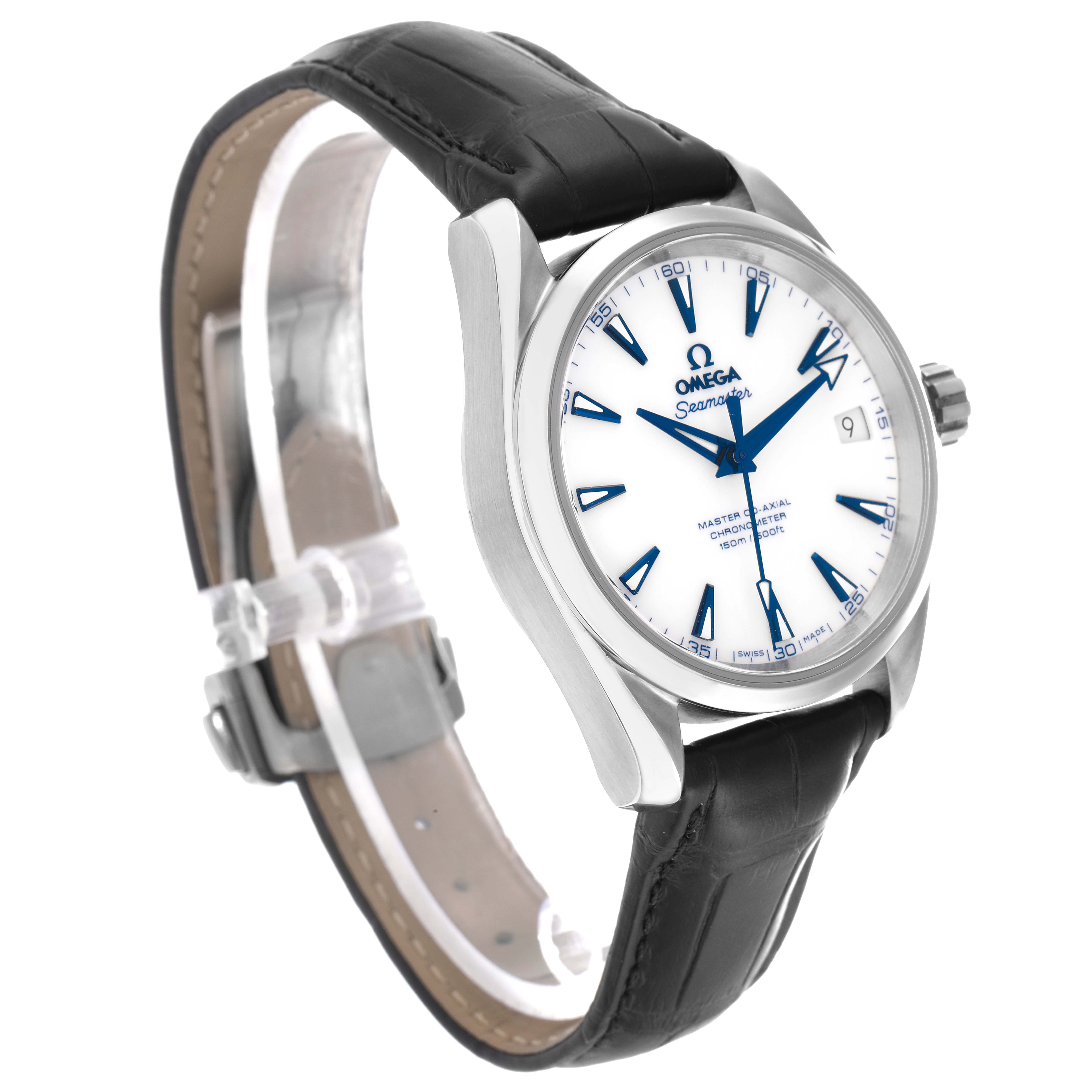 The Omega Aqua Terra 231.92.39.21.04.001 Men
s Titanium White Dial watch is shown at a three-quarter angle, highlighting the face, case, crown, and leather strap.