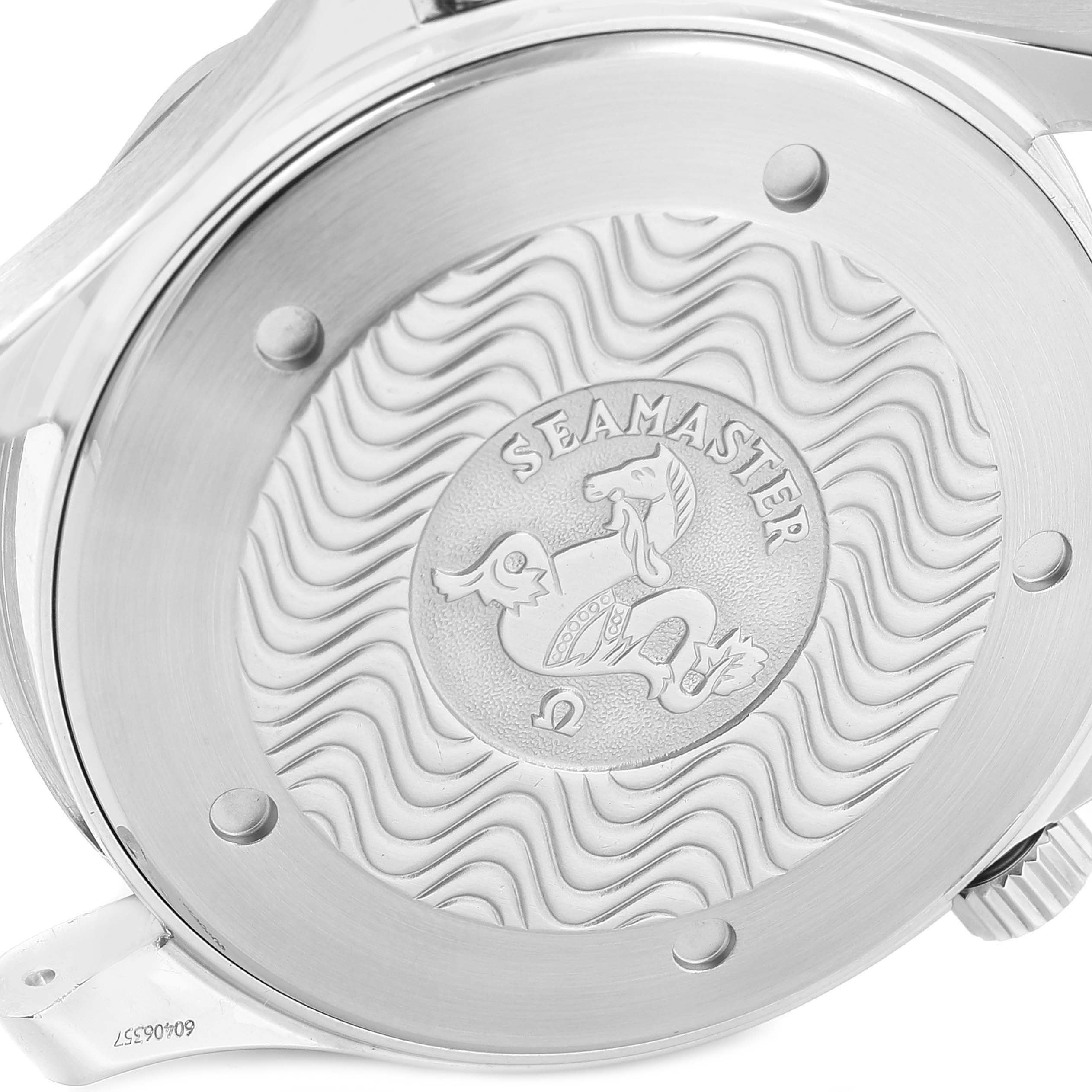 This image shows the engraved case back of an Omega Seamaster 2532.80.00 Men
s Stainless Steel Blue Dial 2532.80.00 Men
s Stainless Steel Blue Dial watch, highlighting the brand logo and wave pattern.