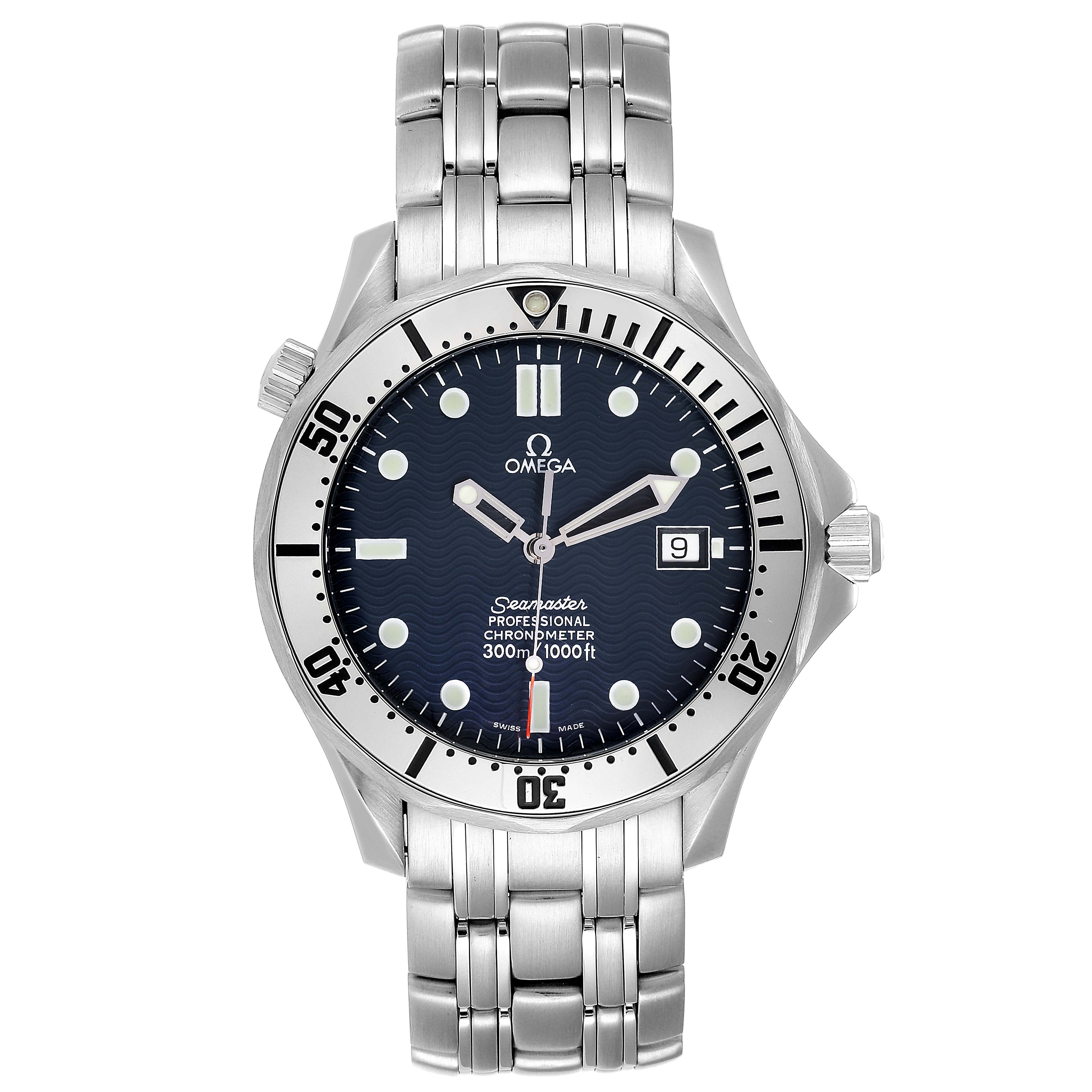 The image shows a front view of the Omega Seamaster 2532.80.00 Men
s Stainless Steel Blue Dial 2532.80.00 Men
s Stainless Steel Blue Dial watch, highlighting the dial, bezel, and bracelet.