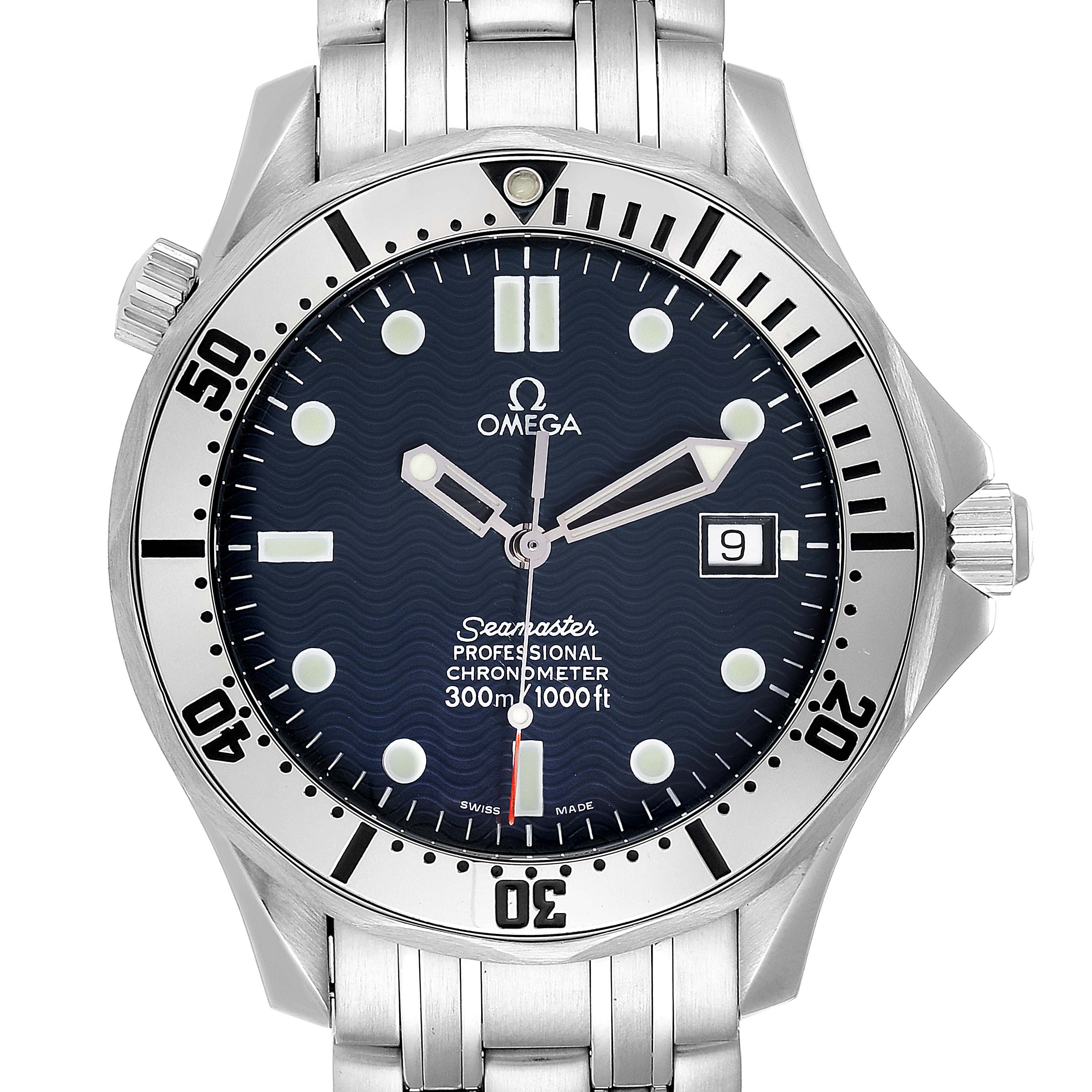 The image shows a front view of an Omega Seamaster 2532.80.00 Men
s Stainless Steel Blue Dial 2532.80.00 Men
s Stainless Steel Blue Dial watch, highlighting the dial, bezel, crown, and bracelet.