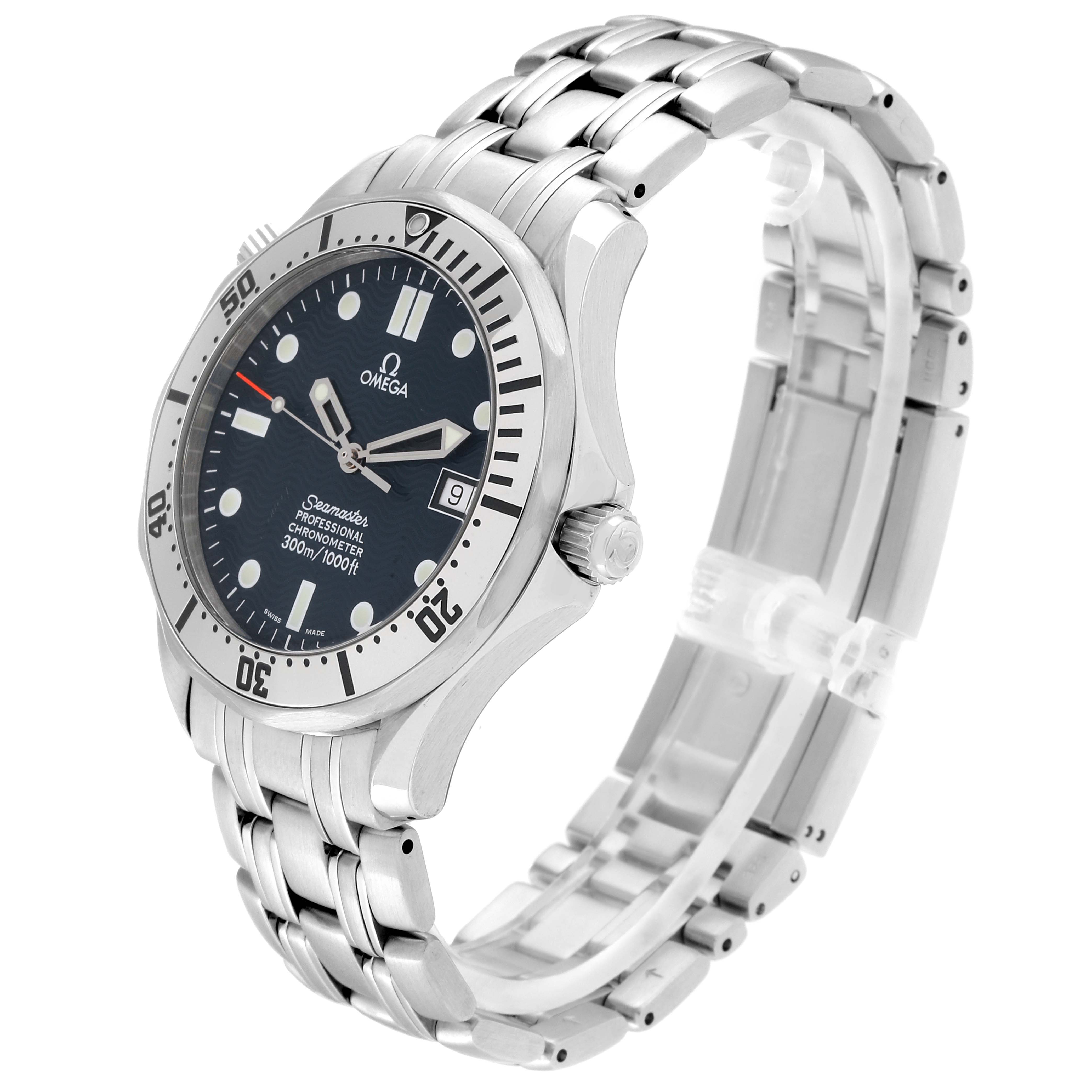 The Omega Seamaster 2532.80.00 Men
s Stainless Steel Blue Dial 2532.80.00 Men
s Stainless Steel Blue Dial watch is shown at a three-quarter angle, highlighting the face, bezel, crown, and stainless steel bracelet.