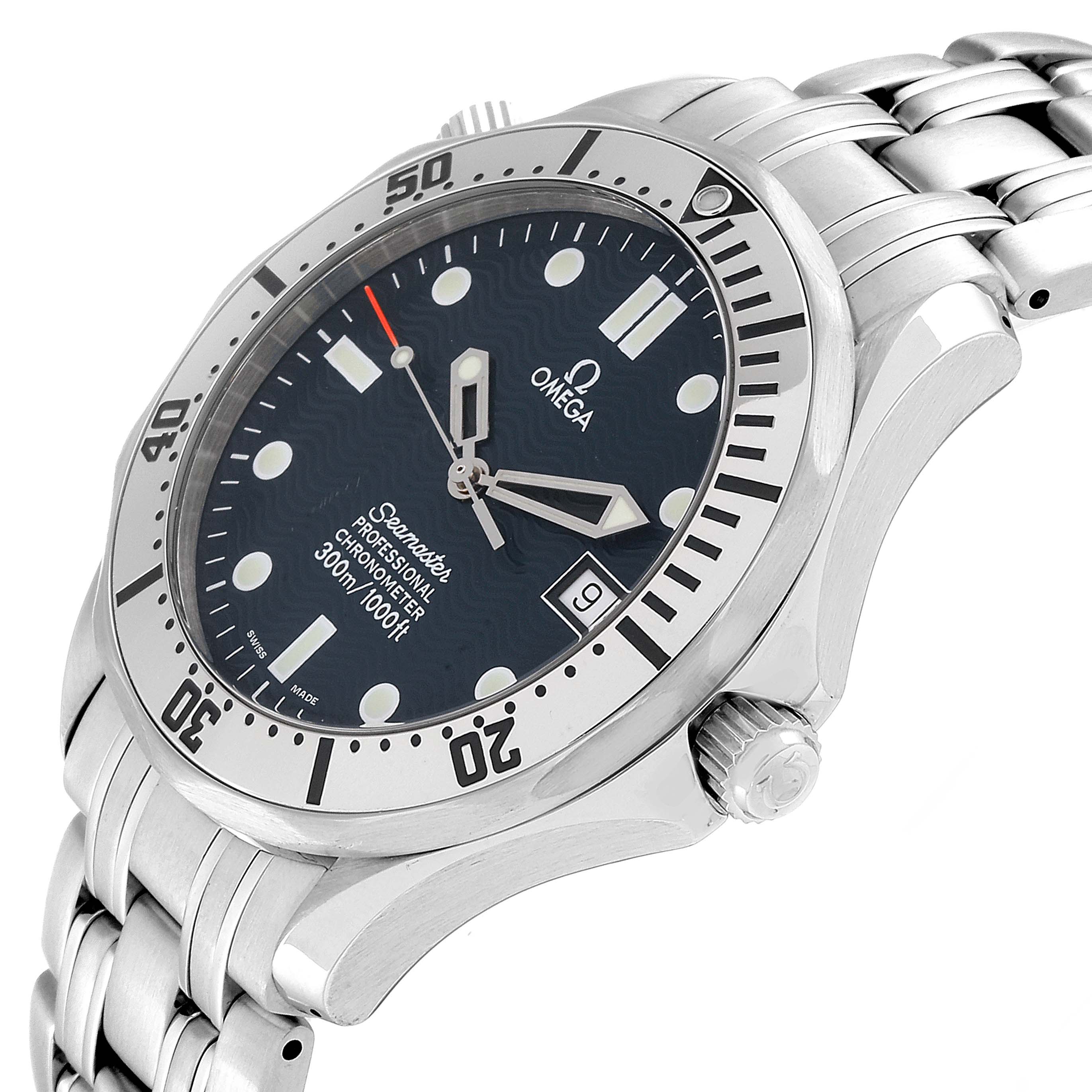 The image shows an angled view of the Omega Seamaster 2532.80.00 Men
s Stainless Steel Blue Dial 2532.80.00 Men
s Stainless Steel Blue Dial, highlighting the dial, bezel, crown, and metal bracelet.