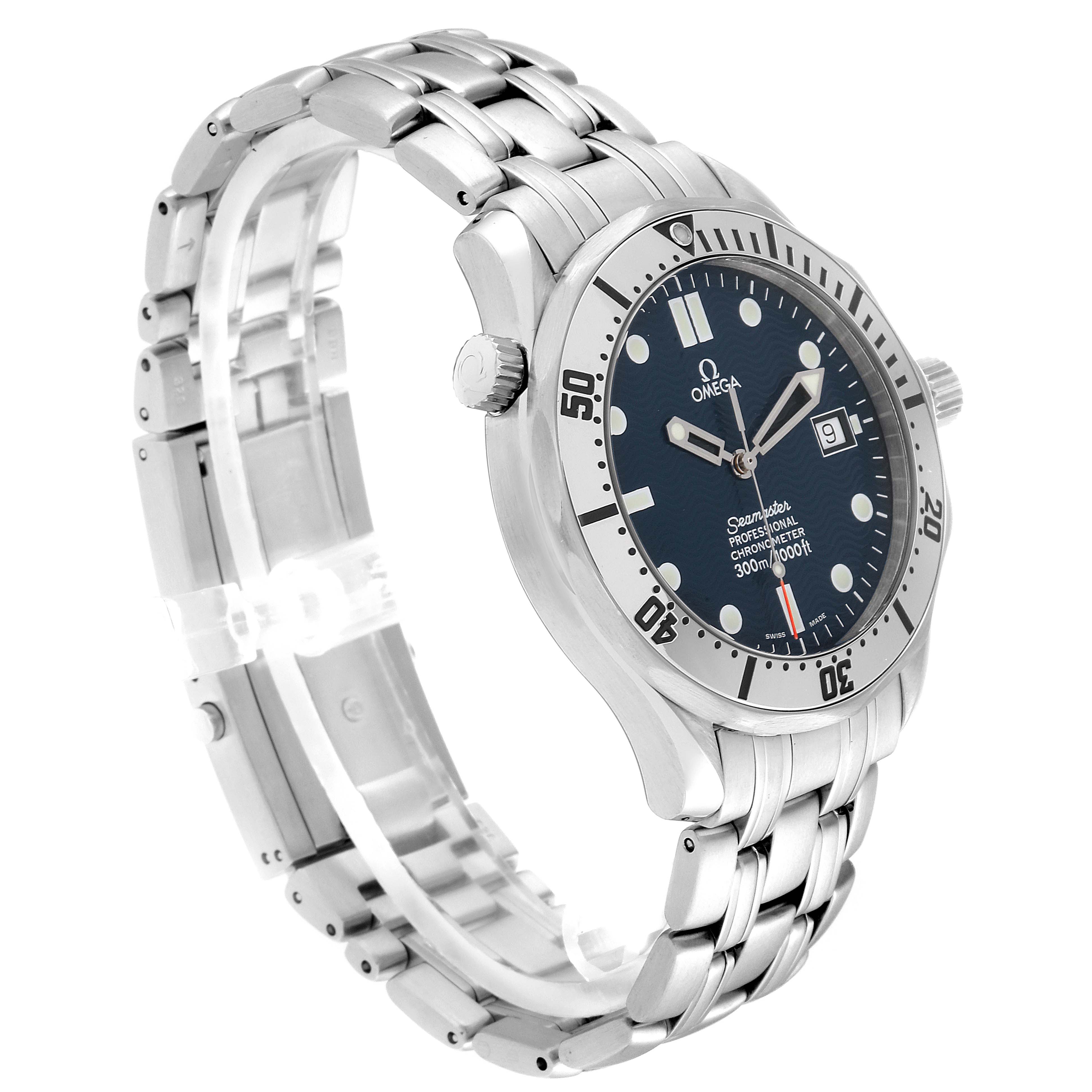 The image shows an Omega Seamaster 2532.80.00 Men
s Stainless Steel Blue Dial 2532.80.00 Men
s Stainless Steel Blue Dial watch from an angled side view, displaying the dial, bezel, crown, and stainless steel bracelet.