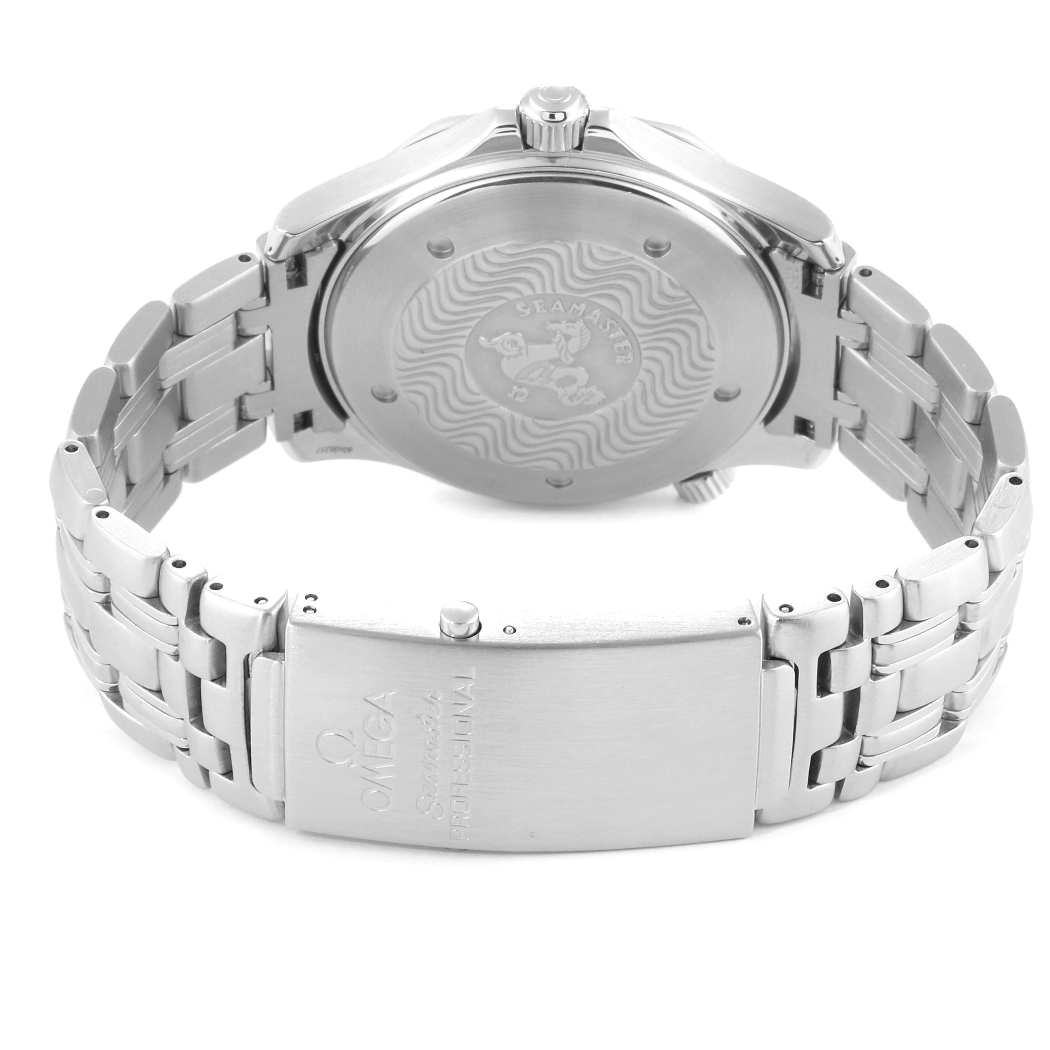 The image shows the back case and bracelet clasp of the Omega Seamaster 2532.80.00 Men
s Stainless Steel Blue Dial 2532.80.00 Men
s Stainless Steel Blue Dial watch.