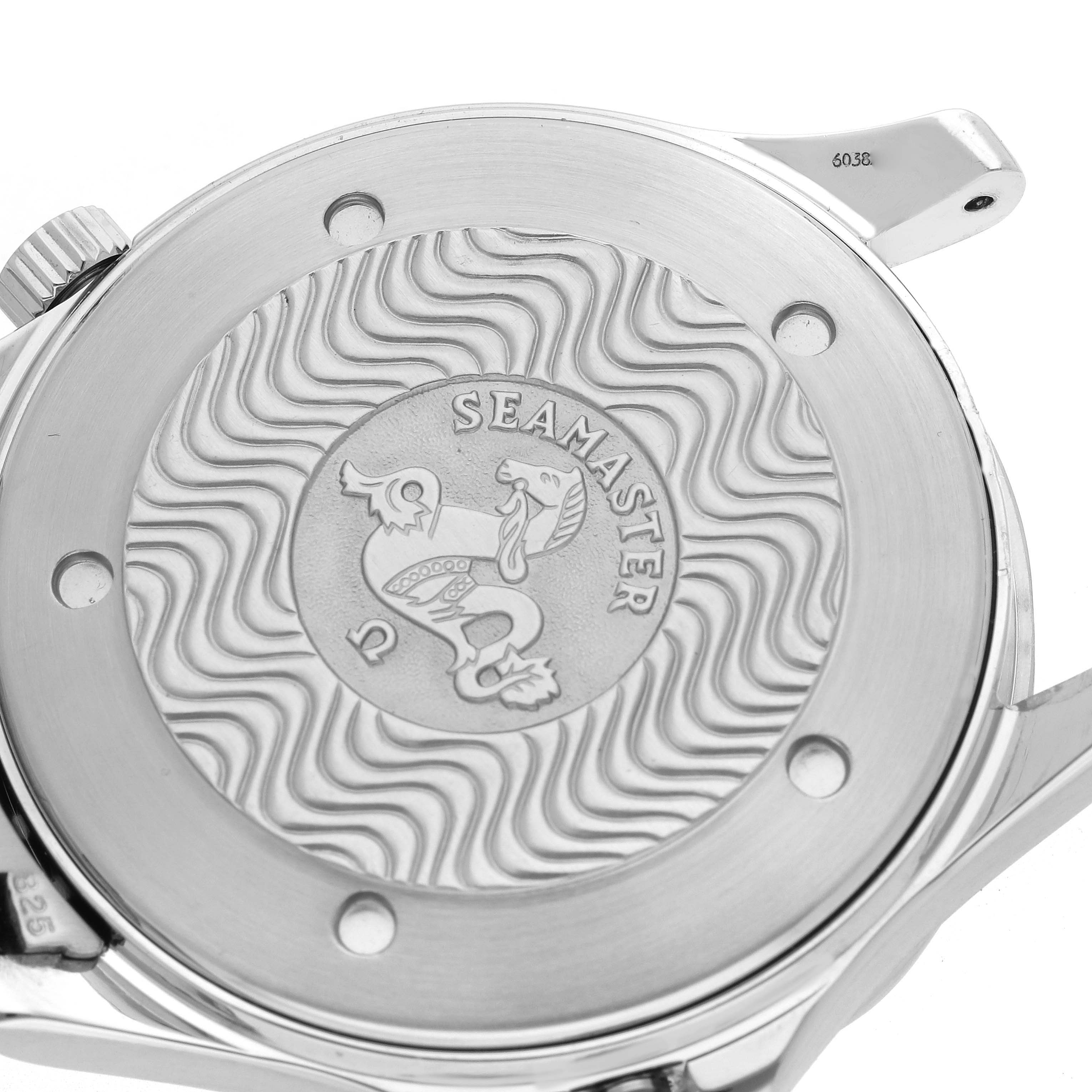 The image shows the case back of an Omega Seamaster 2532.80.00 Men
s Stainless Steel Blue Dial watch with the engraved logo and wave pattern.