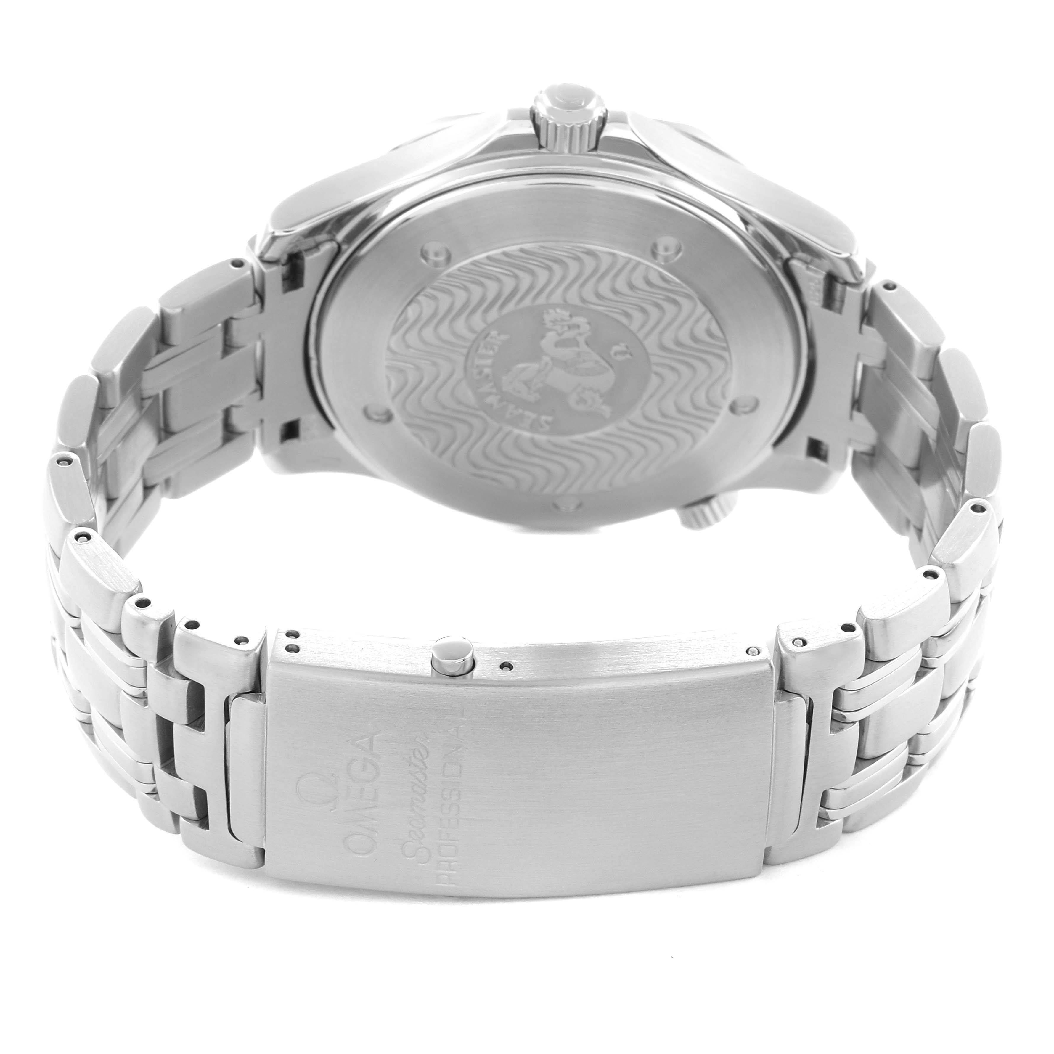 The Omega Seamaster 2532.80.00 Men
s Stainless Steel Blue Dial is shown from the back, displaying the case back, bracelet, and clasp with branding.