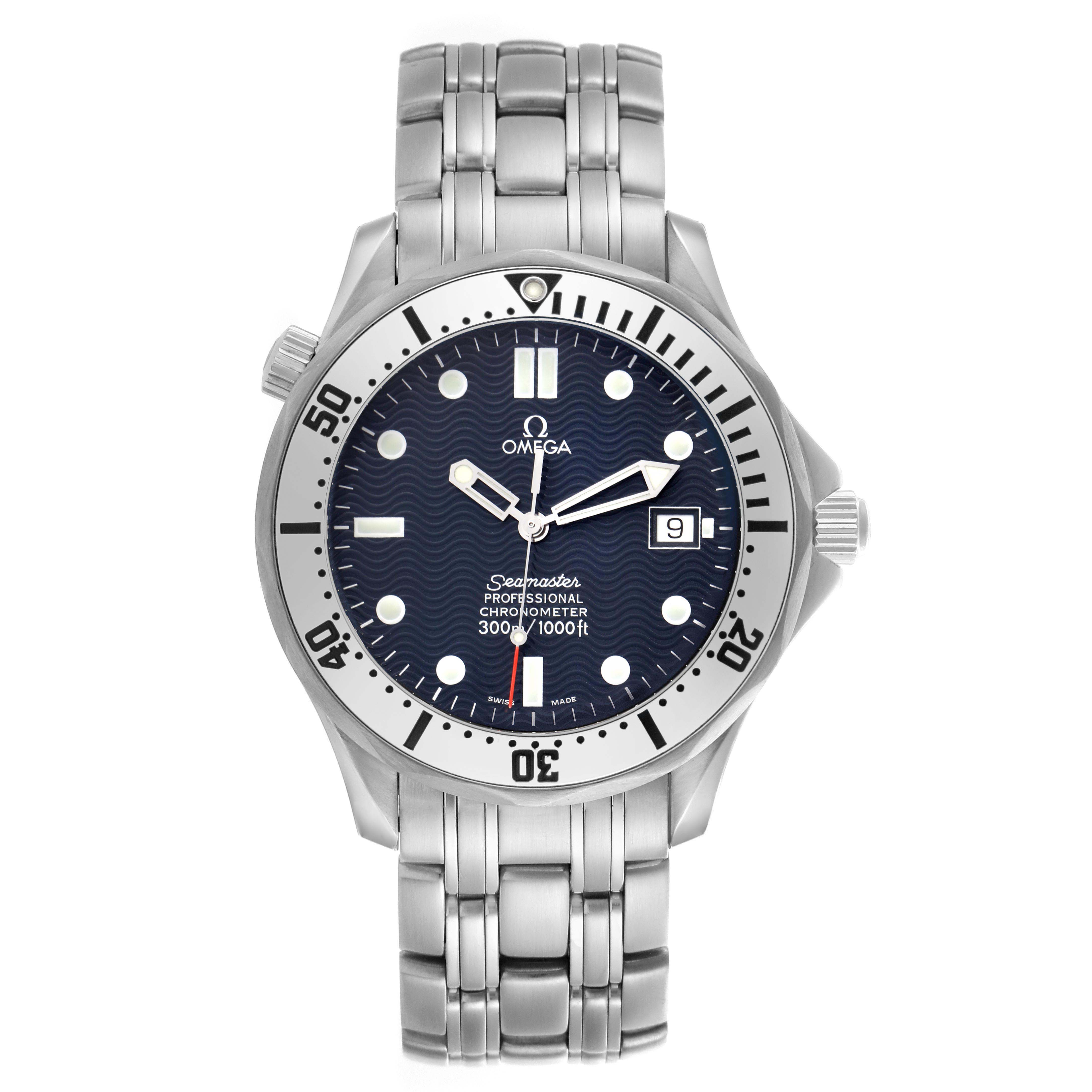 The Omega Seamaster 2532.80.00 Men
s Stainless Steel Blue Dial watch is shown from a front view, displaying its face, bezel, and bracelet.