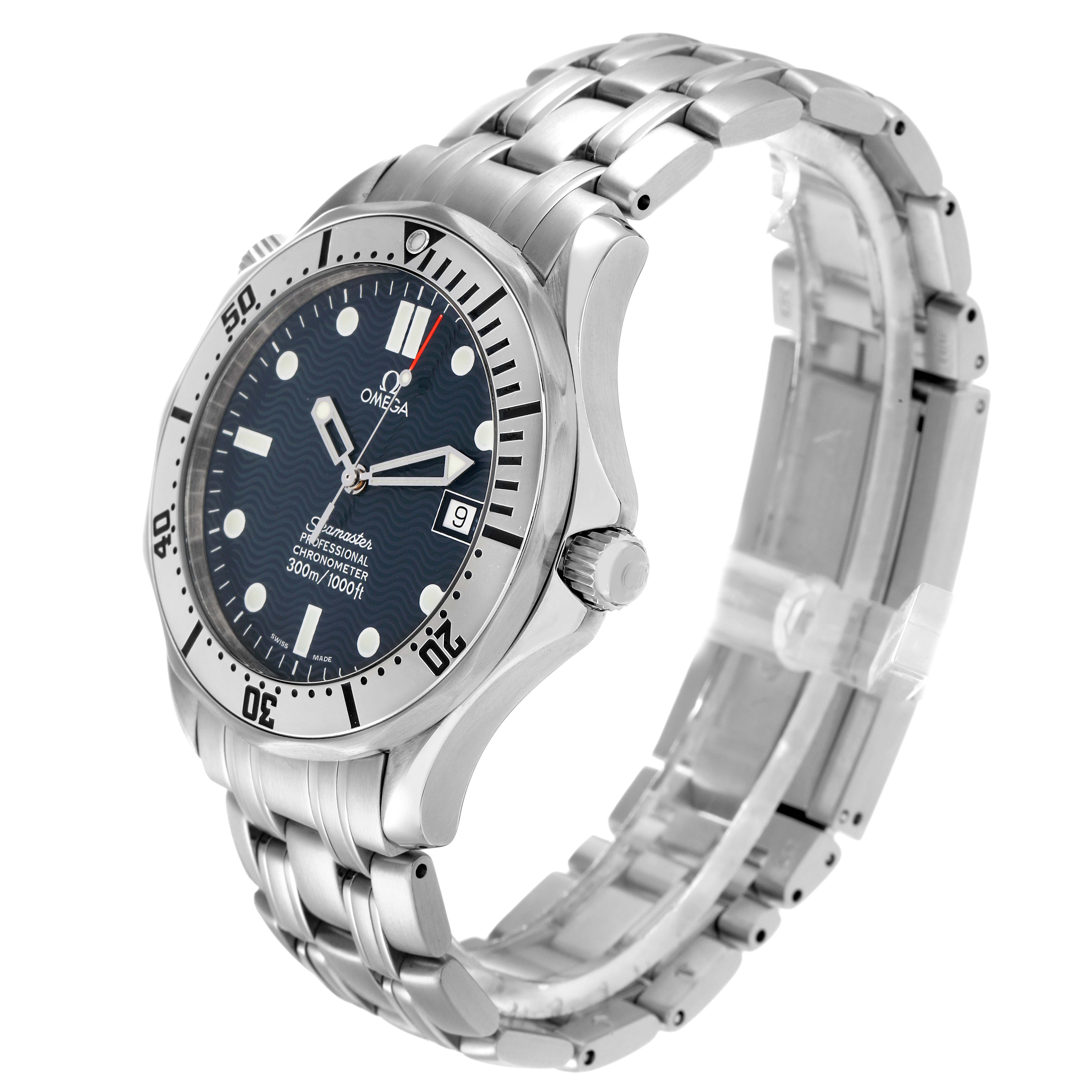 The Omega Seamaster 2532.80.00 Men
s Stainless Steel Blue Dial watch is shown at a three-quarter angle, displaying the bezel, dial with date, crown, and bracelet.