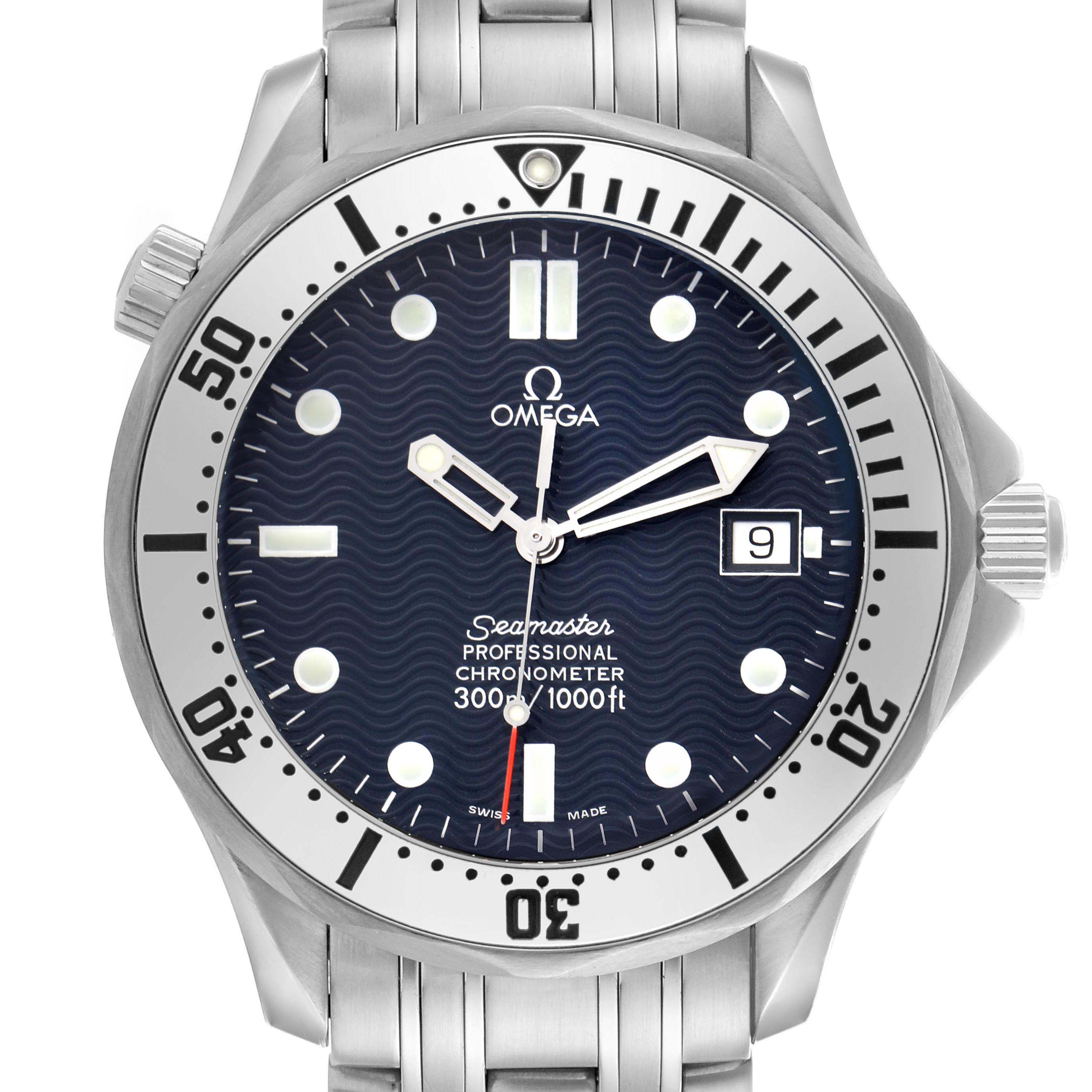 The Omega Seamaster 2532.80.00 Men
s Stainless Steel Blue Dial watch is shown from a frontal angle, highlighting the dial, case, and bracelet.