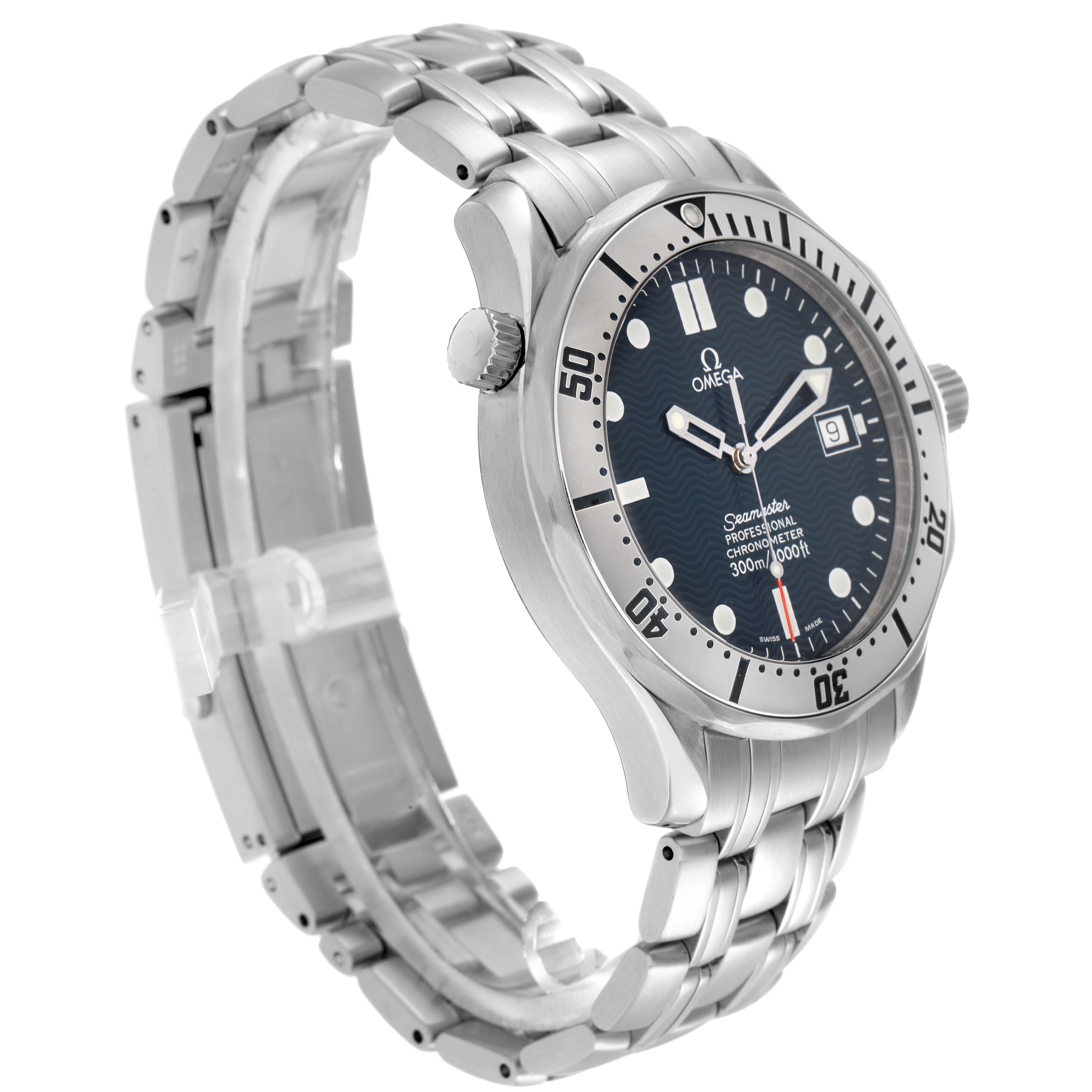 The Omega Seamaster 2532.80.00 Men
s Stainless Steel Blue Dial watch is shown at a three-quarter angle, displaying the bracelet, bezel, crown, and face with clear details.