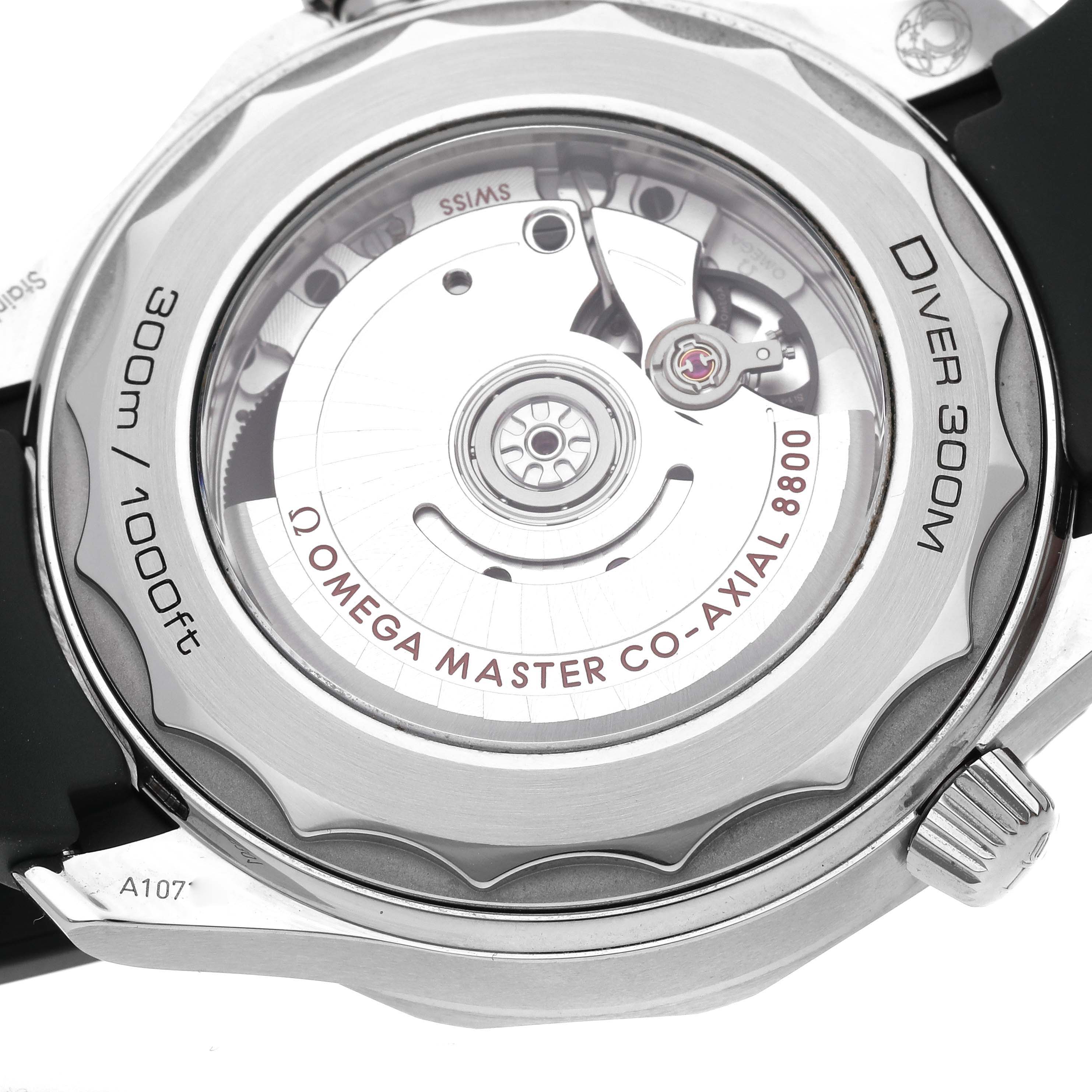 The image shows the caseback of the Omega Seamaster 210.32.42.20.10.001 Men
s Stainless Steel Green Dial 210.32.42.20.10.001 Men
s Stainless Steel Green Dial Diver 300M, highlighting the Omega Master Co-Axial 8800 movement.