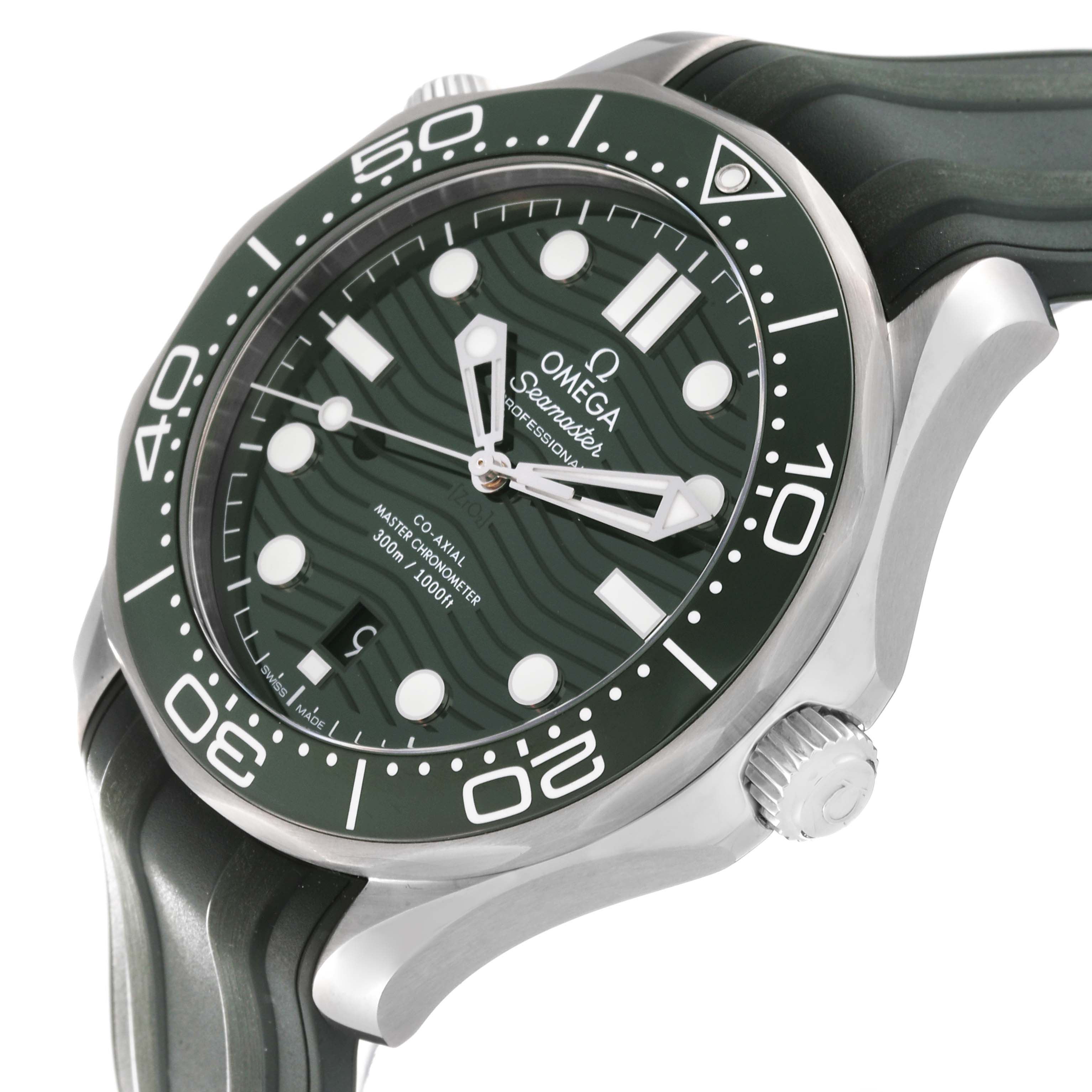 The image shows an angled view of the Omega Seamaster 210.32.42.20.10.001 Men
s Stainless Steel Green Dial 210.32.42.20.10.001 Men
s Stainless Steel Green Dial watch, highlighting the bezel, dial, hands, strap, and crown.