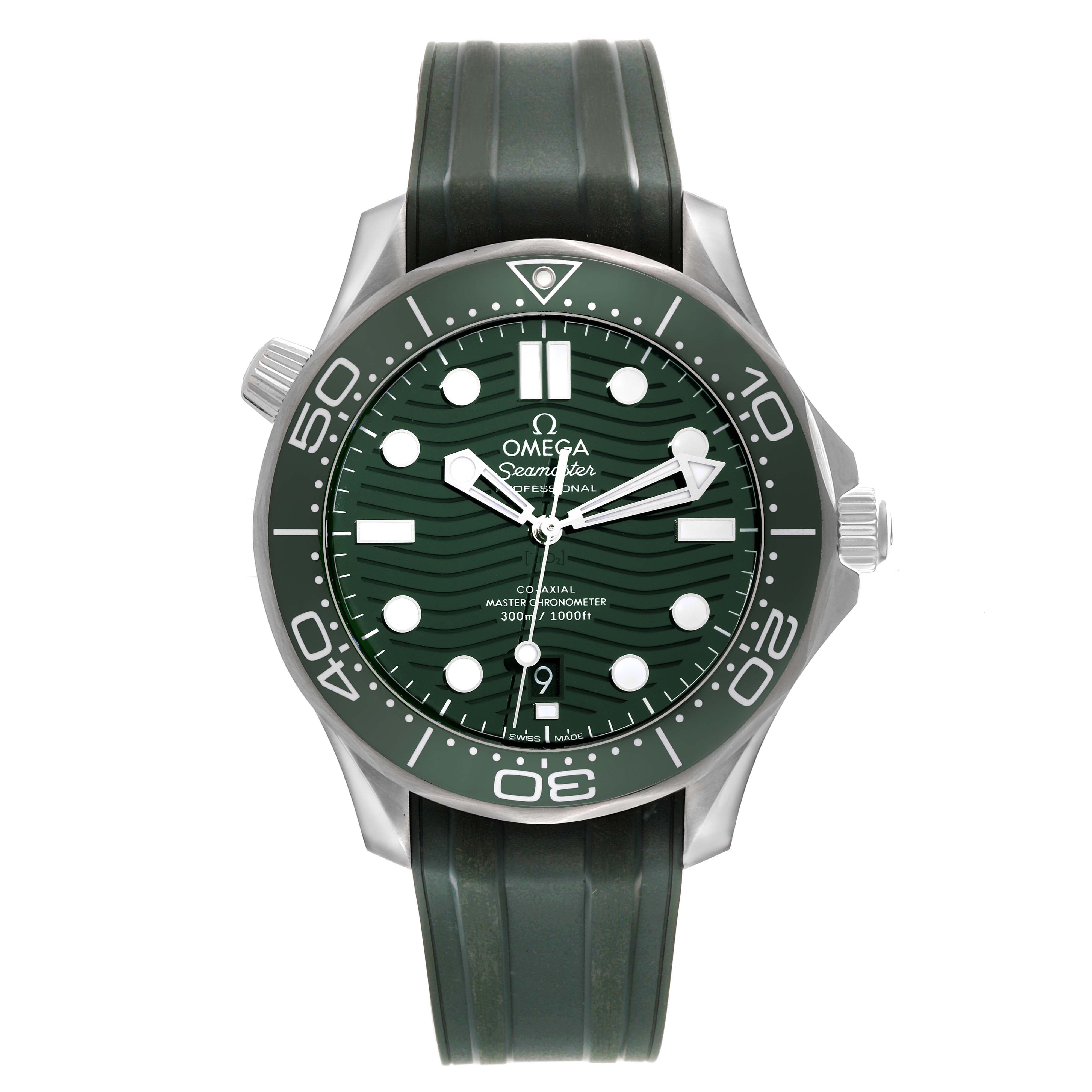 This image shows a frontal view of an Omega Seamaster 210.32.42.20.10.001 Men
s Stainless Steel Green Dial 210.32.42.20.10.001 Men
s Stainless Steel Green Dial watch with a green dial and green rubber strap.