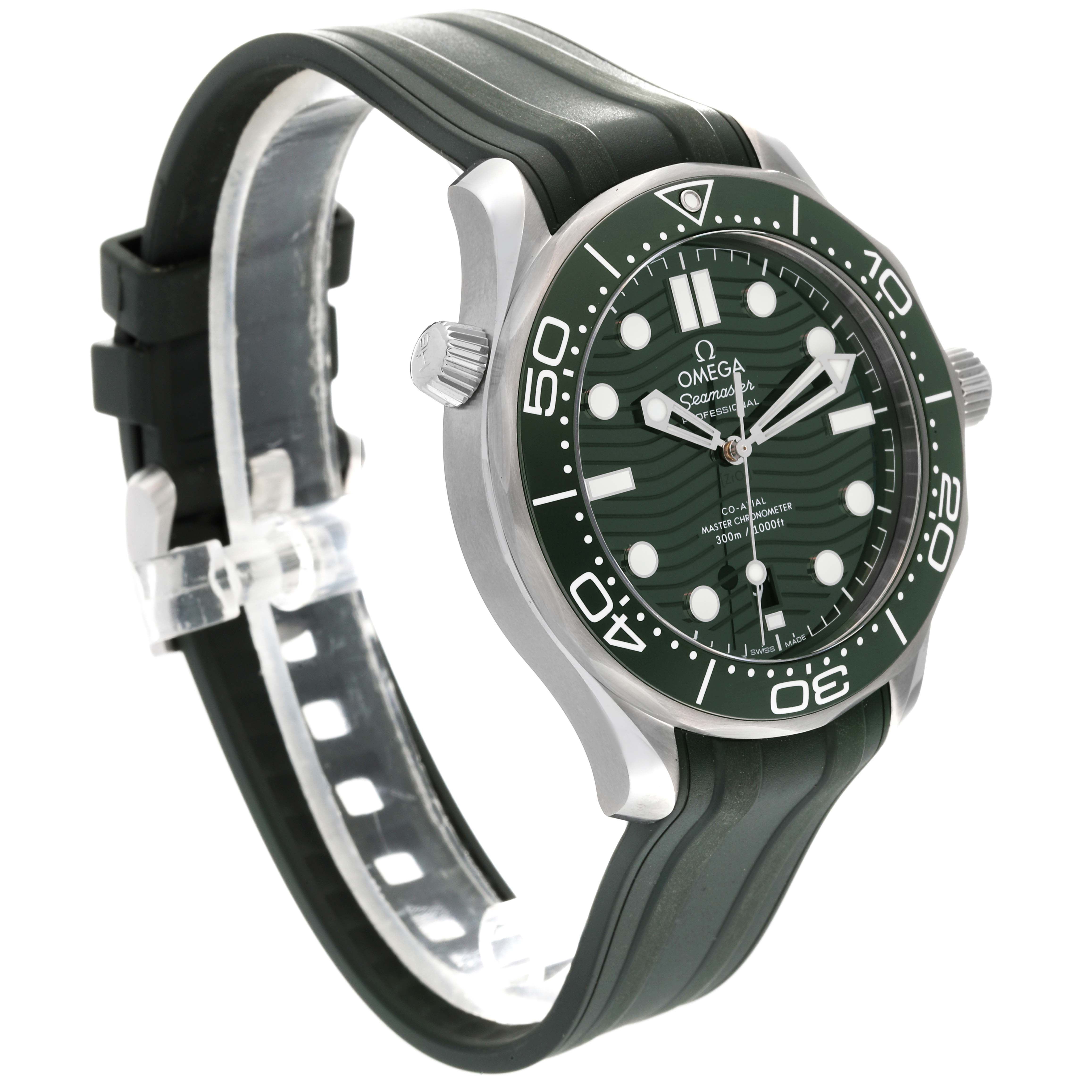 The Omega Seamaster 210.32.42.20.10.001 Men
s Stainless Steel Green Dial 210.32.42.20.10.001 Men
s Stainless Steel Green Dial model watch is shown at a three-quarter angle, highlighting the dial, bezel, and strap.